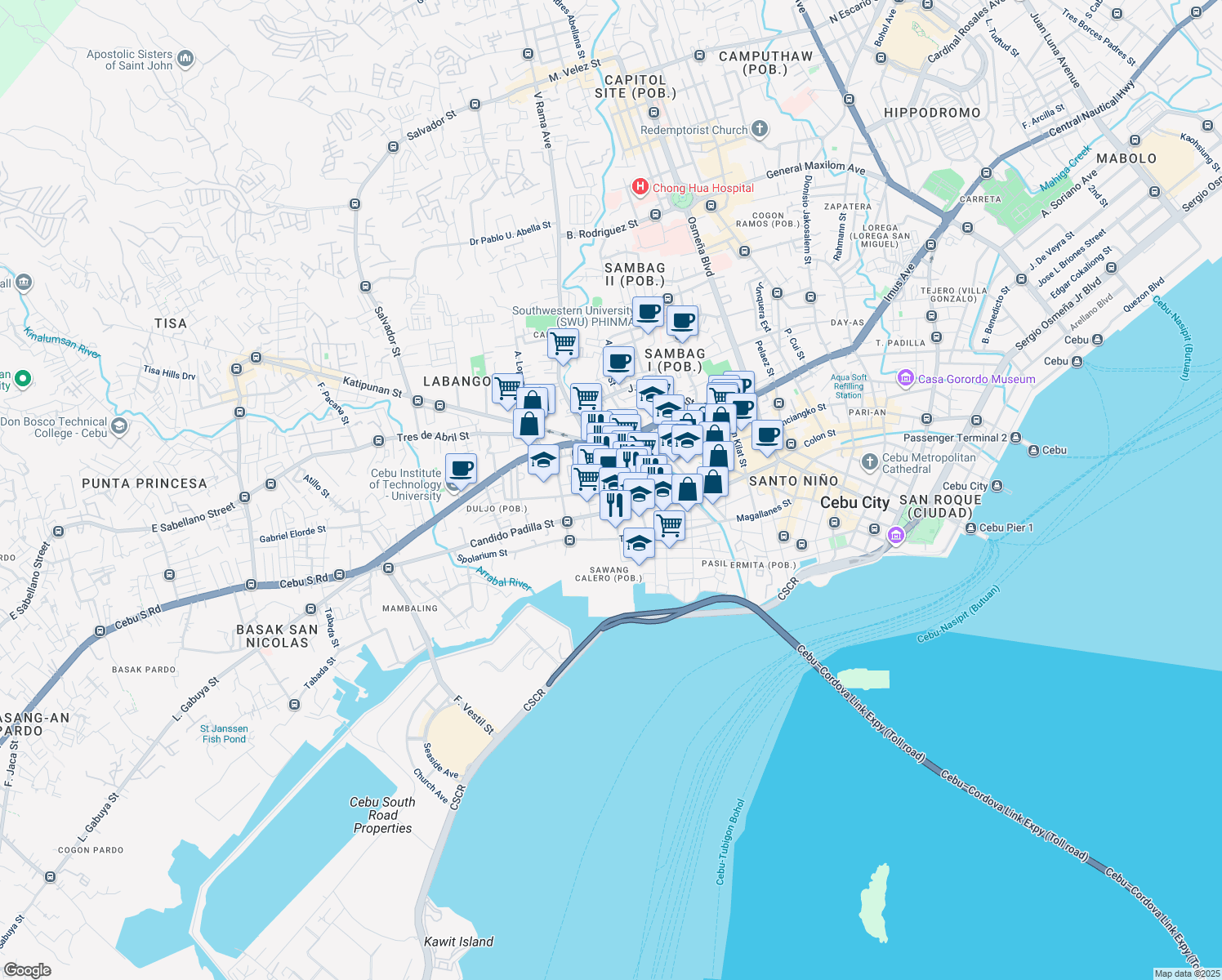 map of restaurants, bars, coffee shops, grocery stores, and more near B. Aranas Street in Cebu City
