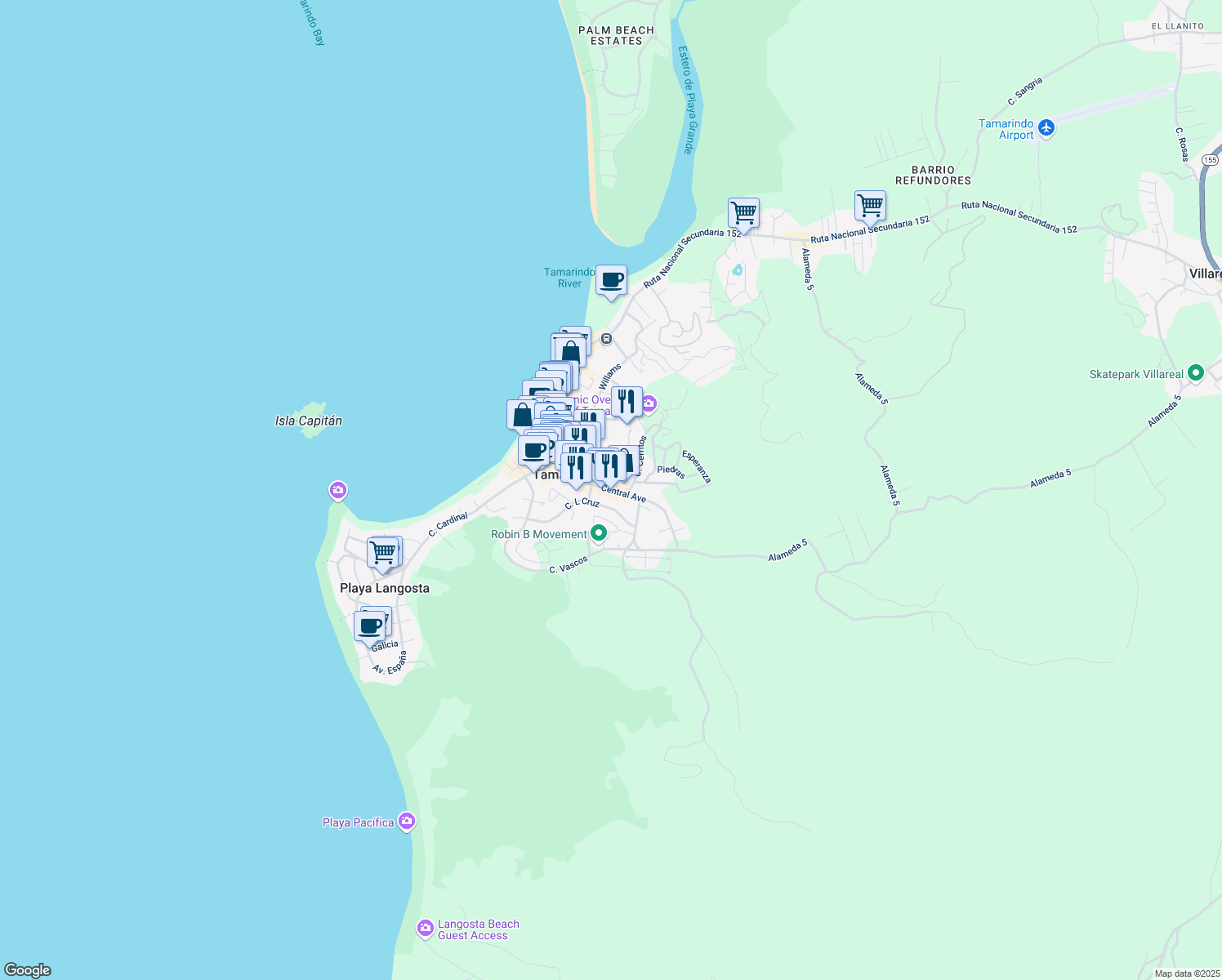 map of restaurants, bars, coffee shops, grocery stores, and more near Avenida Central in Tamarindo