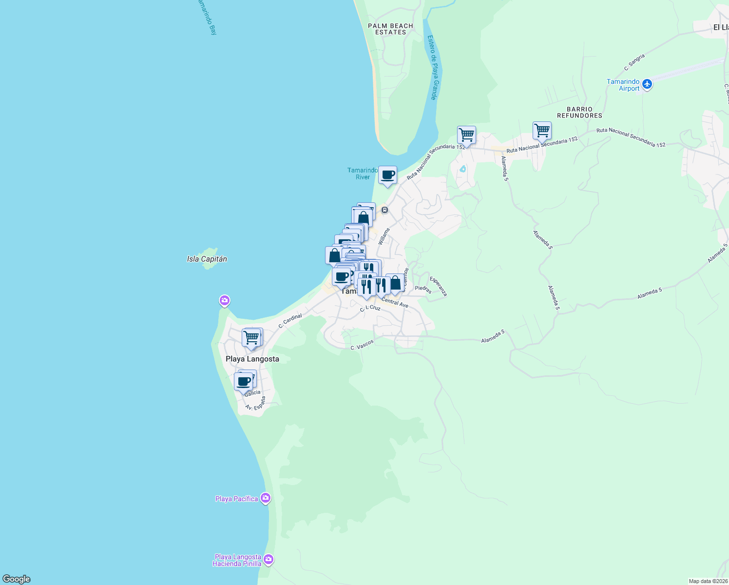 map of restaurants, bars, coffee shops, grocery stores, and more near Avenida Central in Tamarindo