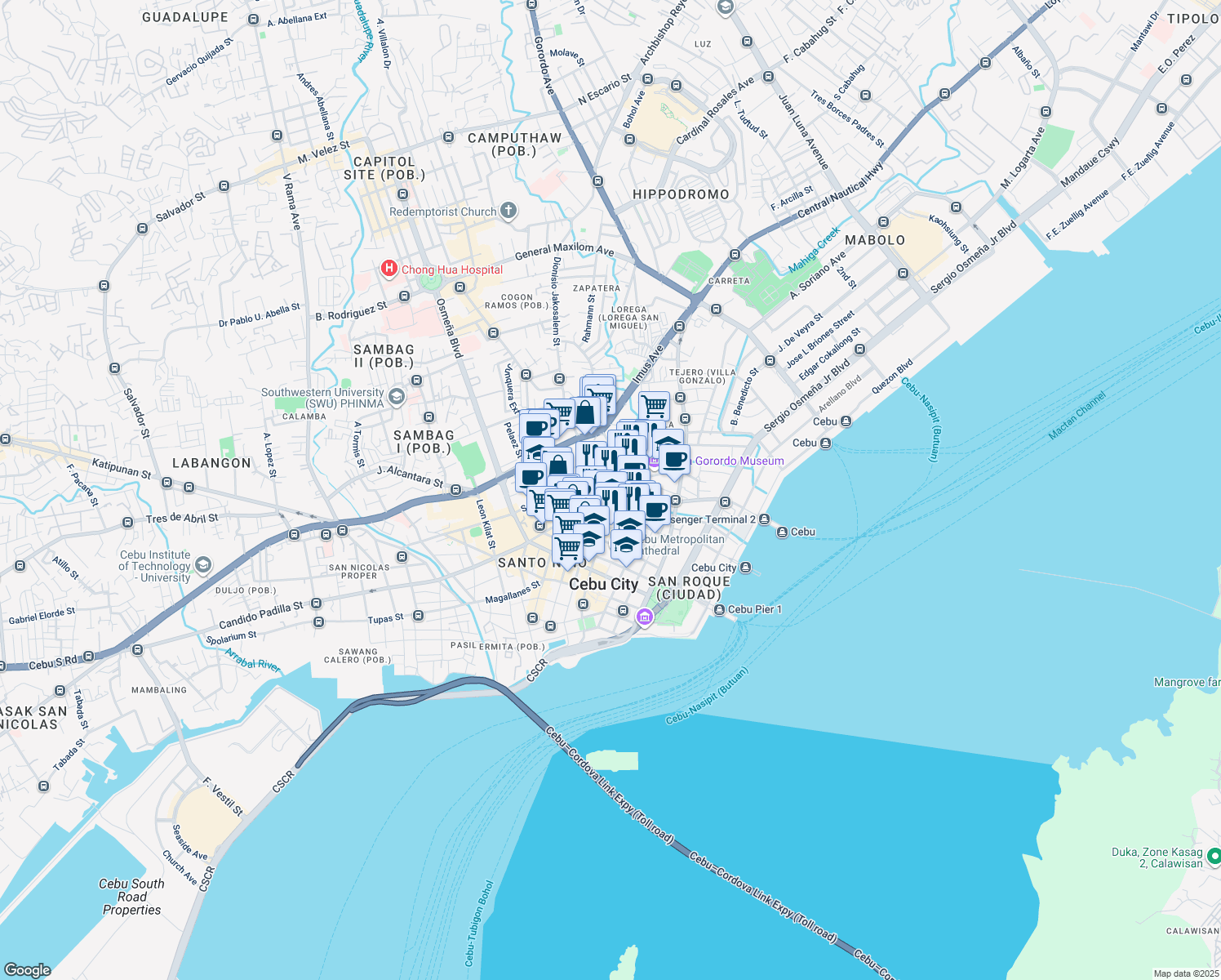 map of restaurants, bars, coffee shops, grocery stores, and more near J.C. Zamora Street in Cebu City