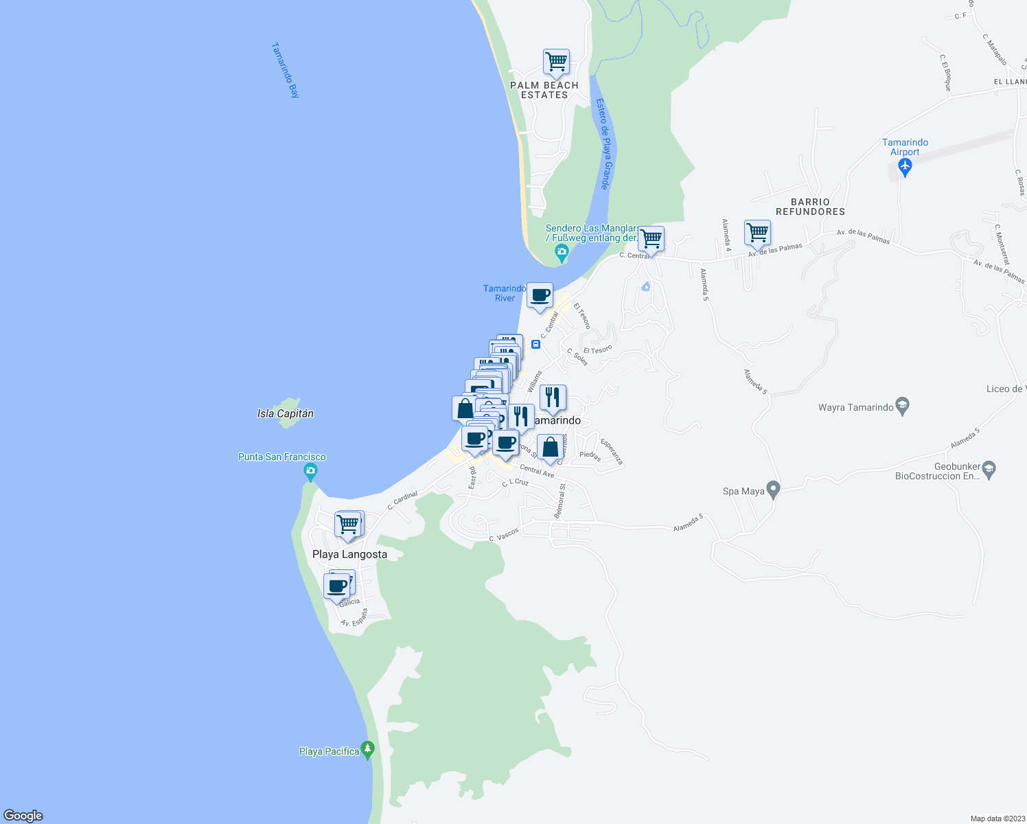 map of restaurants, bars, coffee shops, grocery stores, and more near Willams in Tamarindo