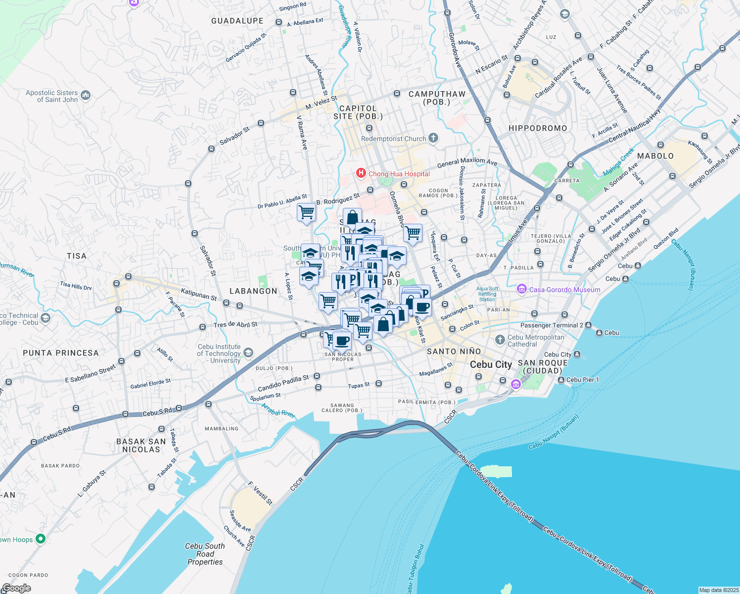 map of restaurants, bars, coffee shops, grocery stores, and more near J. Alcantara Street in Cebu City