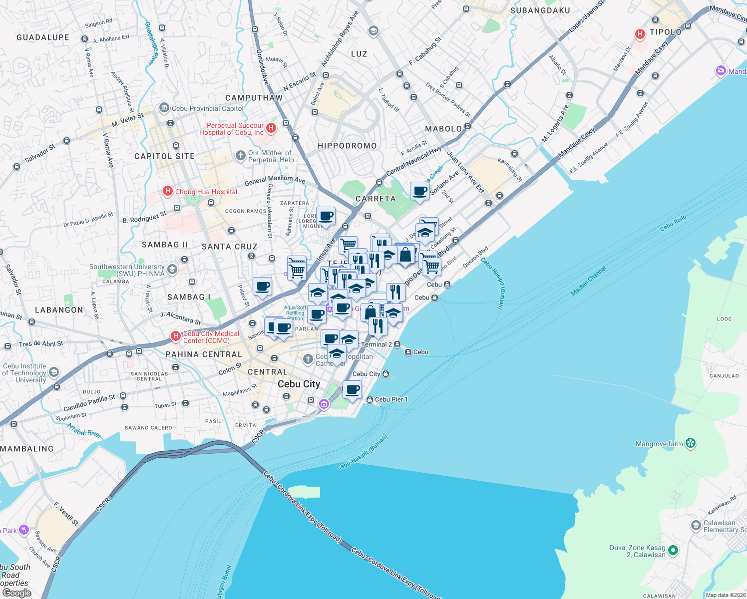 map of restaurants, bars, coffee shops, grocery stores, and more near Villagonzalo Street in Cebu City