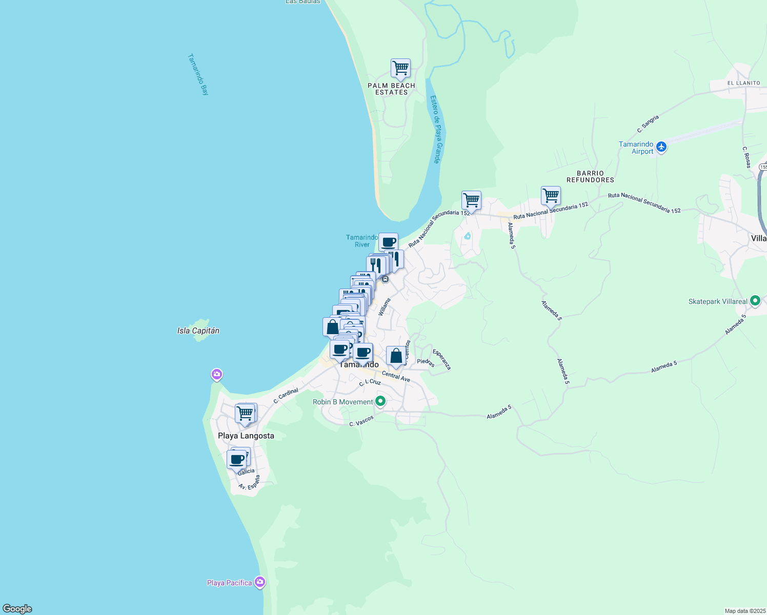map of restaurants, bars, coffee shops, grocery stores, and more near Willams in Tamarindo