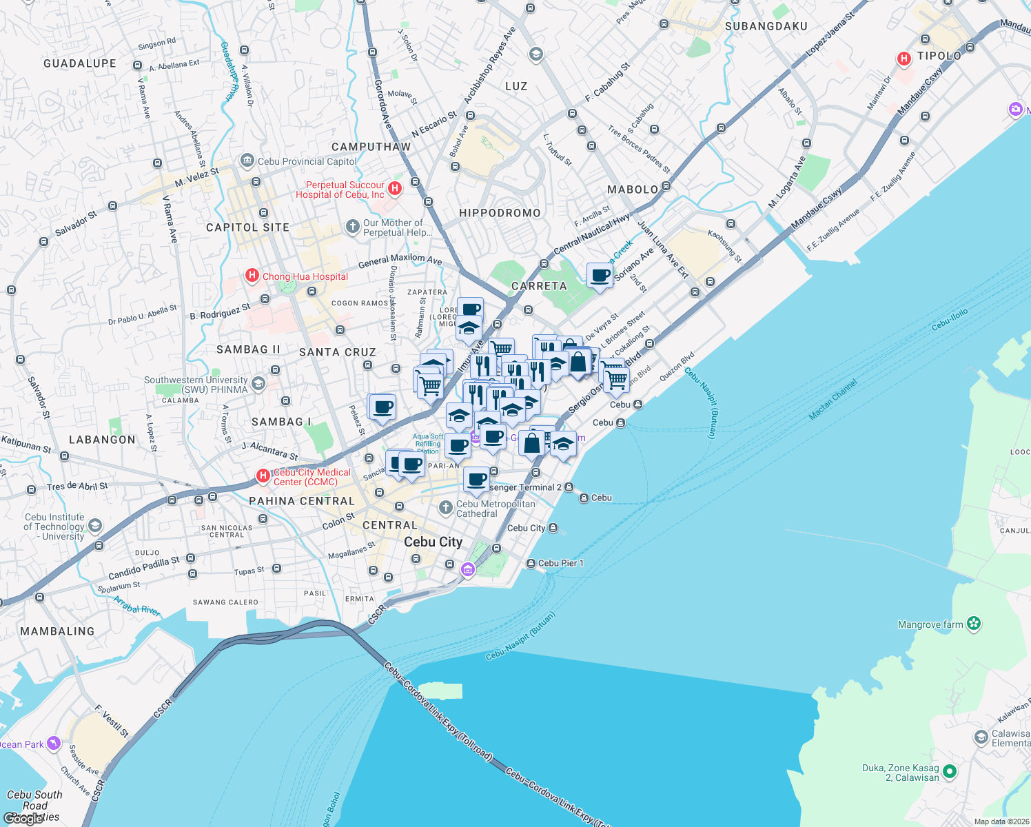 map of restaurants, bars, coffee shops, grocery stores, and more near Tiburcio Padilla Street in Cebu City