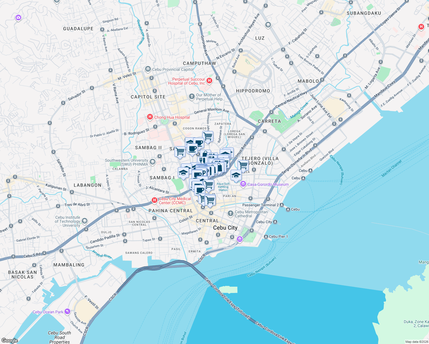map of restaurants, bars, coffee shops, grocery stores, and more near Dionisio Jakosalem Street in Cebu City