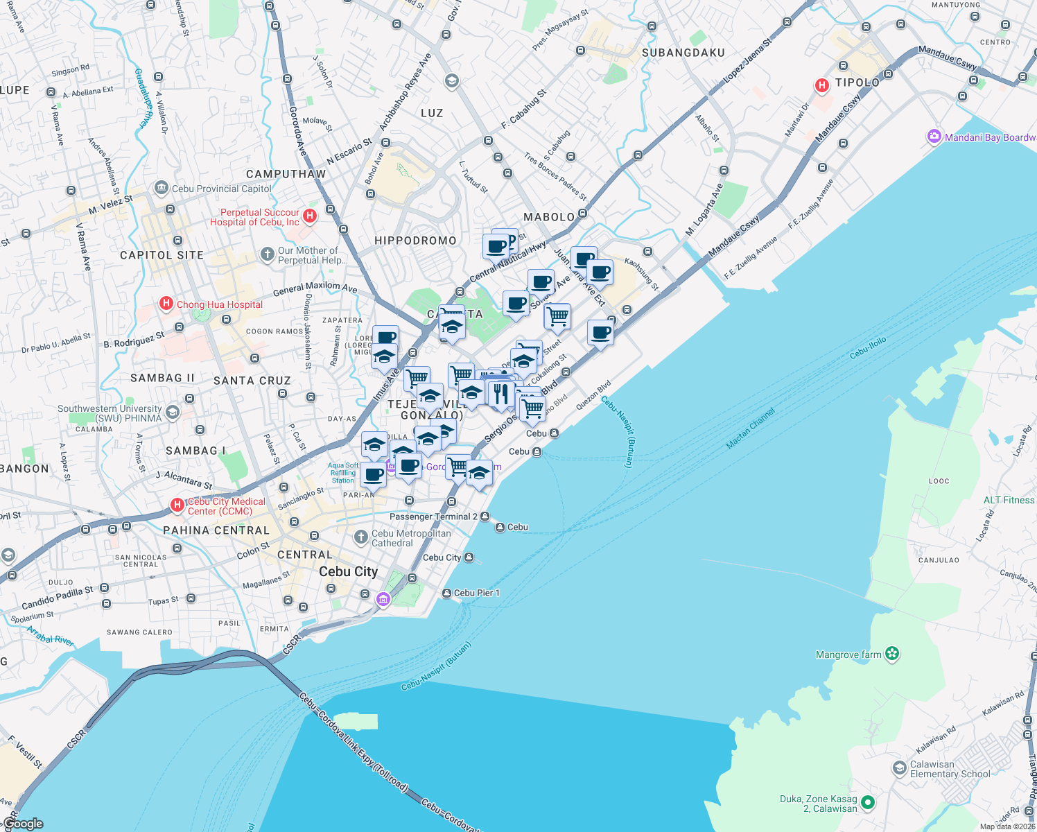 map of restaurants, bars, coffee shops, grocery stores, and more near General Maxilom Avenue Extension in Cebu City