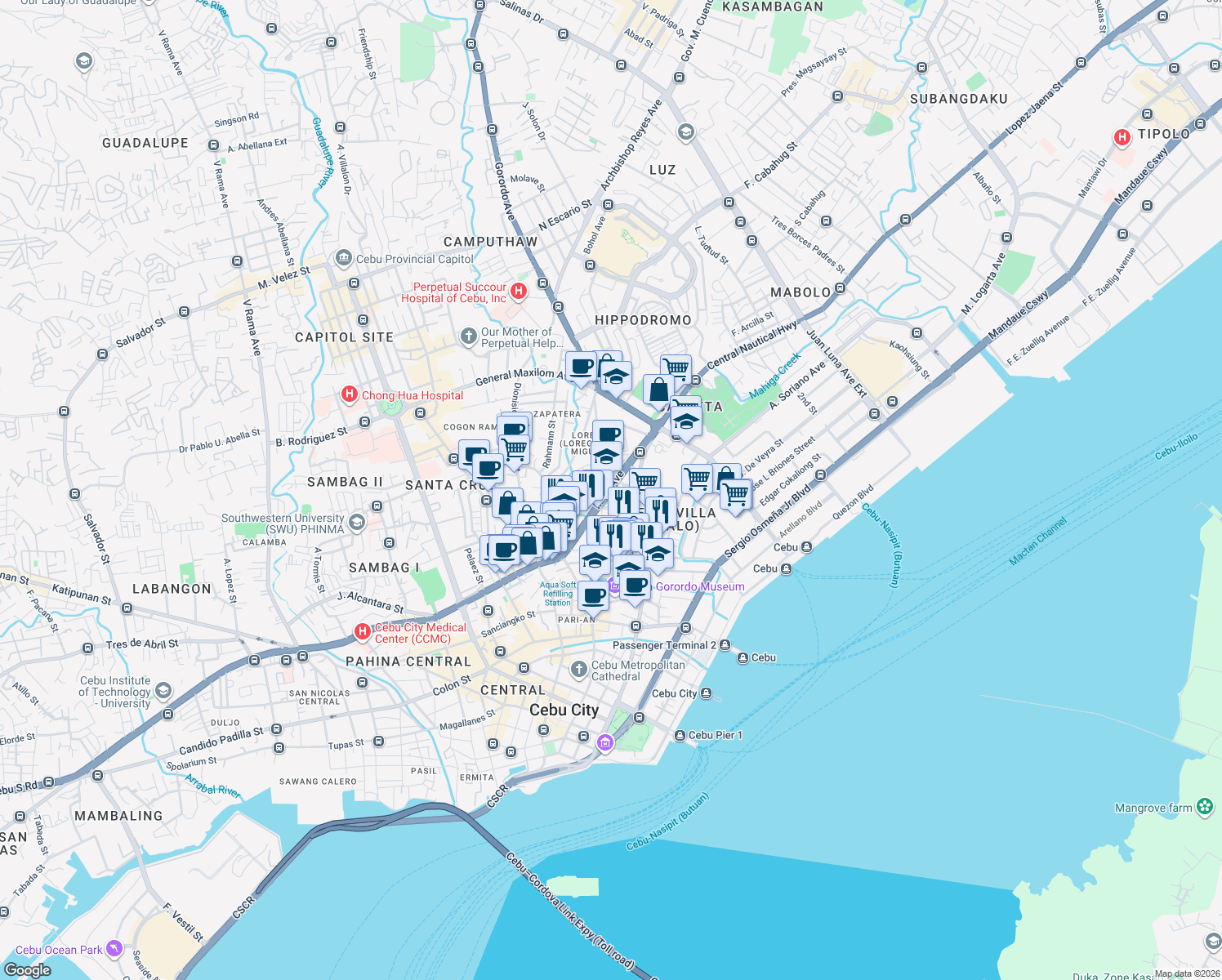 map of restaurants, bars, coffee shops, grocery stores, and more near Imus Avenue in Cebu City