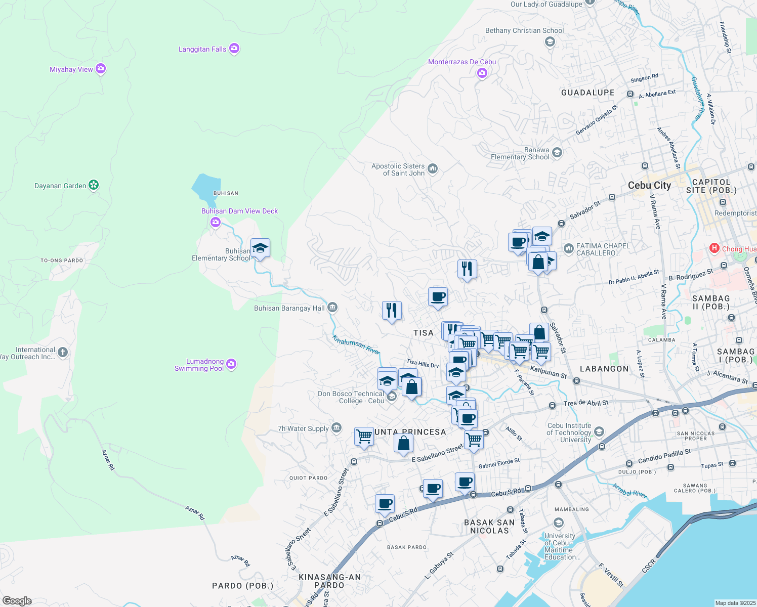 map of restaurants, bars, coffee shops, grocery stores, and more near Cebu South Hills Road in Cebu City