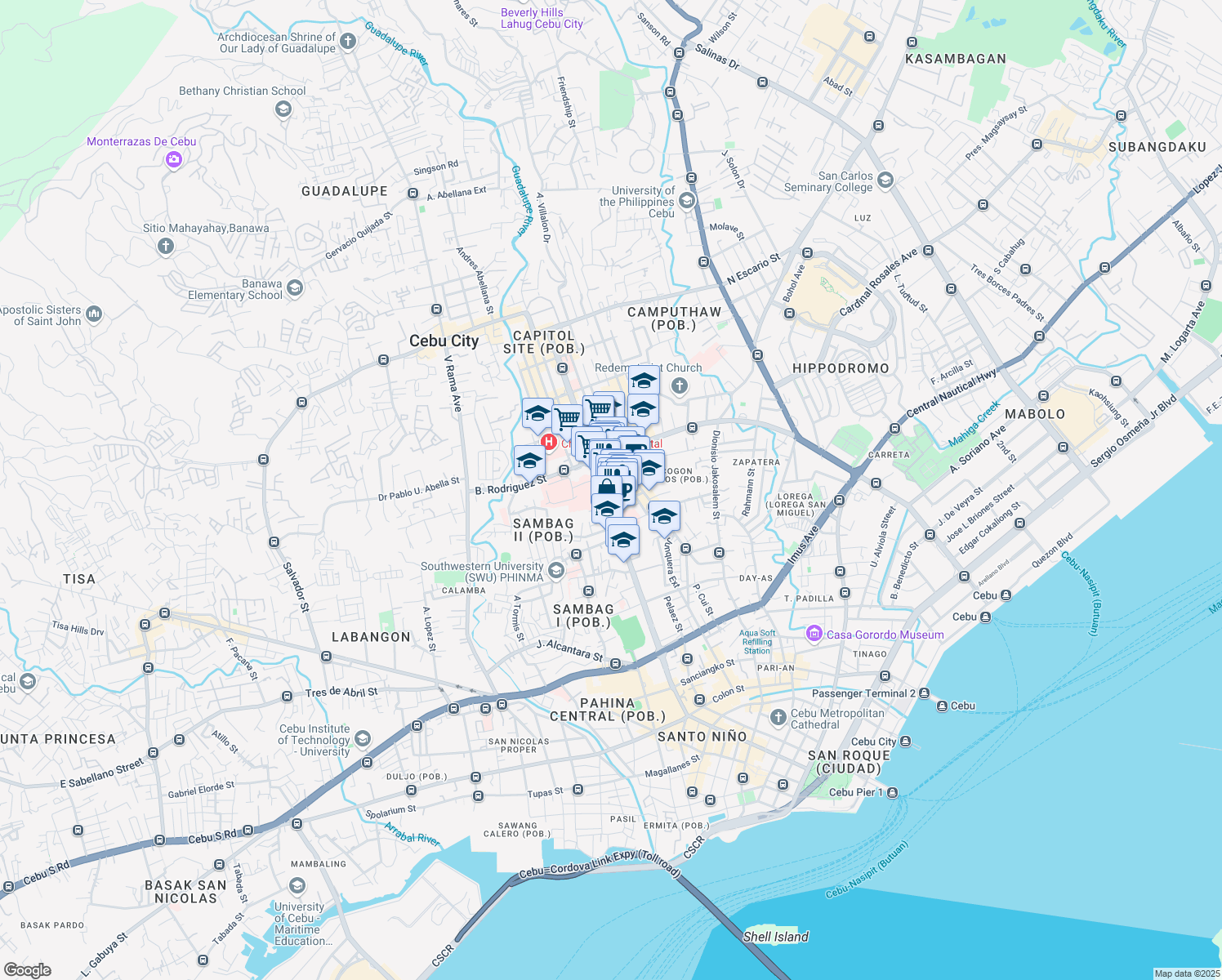 map of restaurants, bars, coffee shops, grocery stores, and more near Osmeña Boulevard in Cebu City