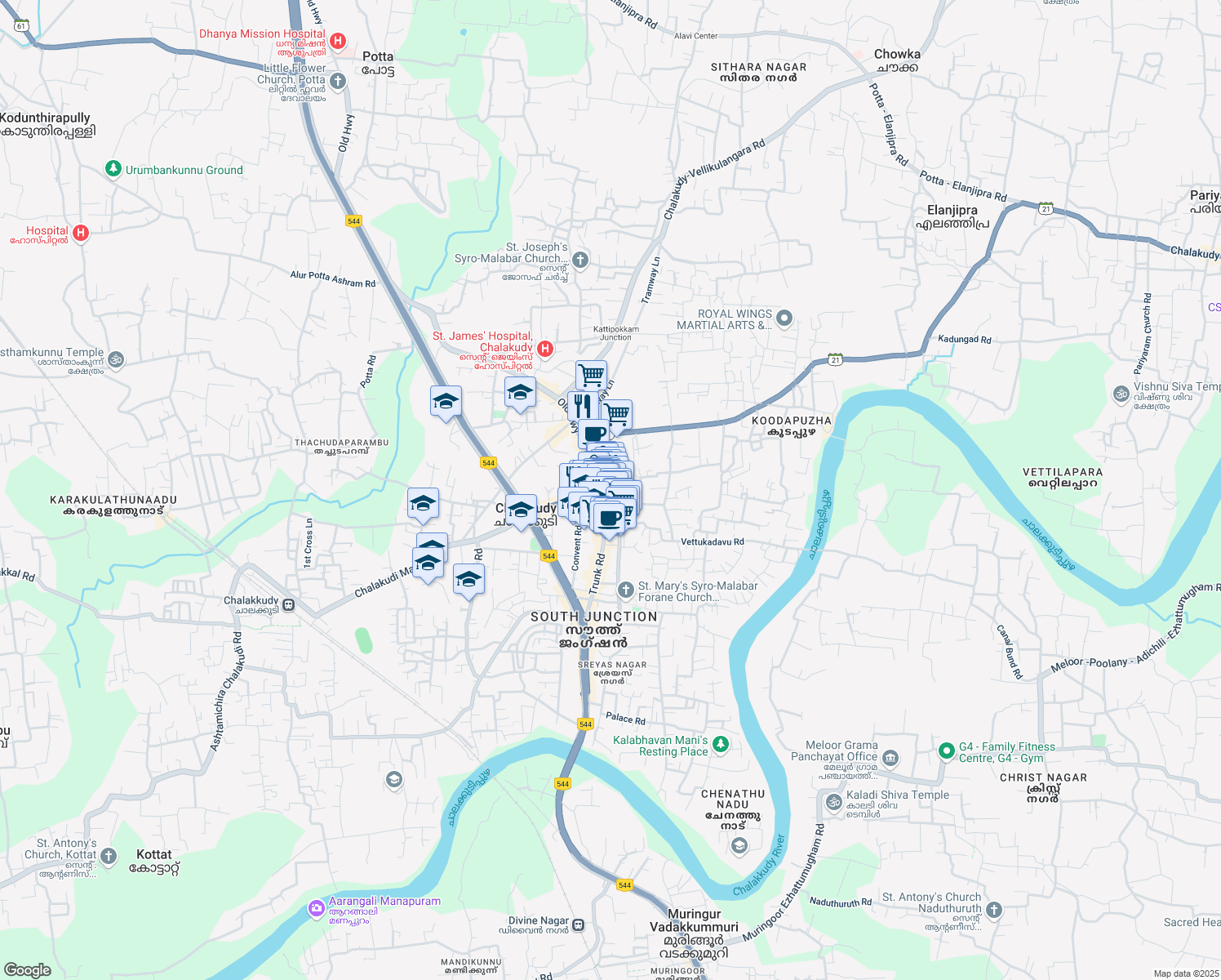 map of restaurants, bars, coffee shops, grocery stores, and more near Market Road in Chalakudy