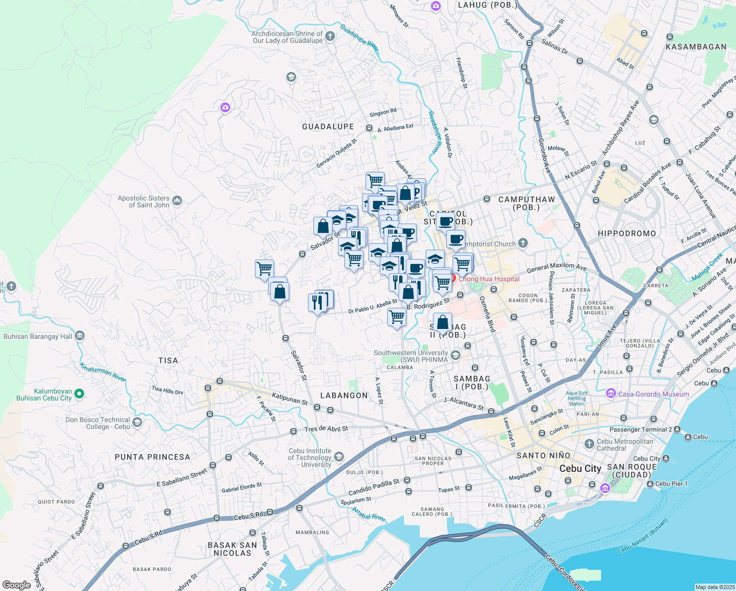 map of restaurants, bars, coffee shops, grocery stores, and more near Doctor Pablo U. Abella Street in Cebu City