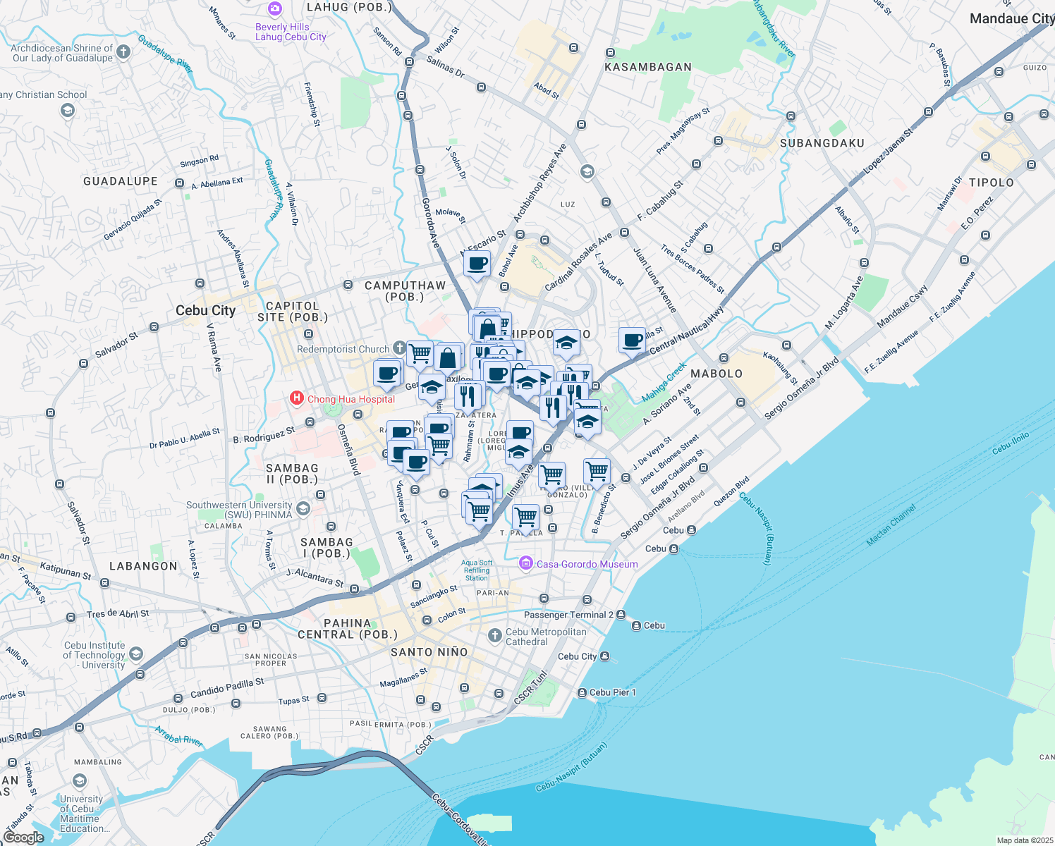 map of restaurants, bars, coffee shops, grocery stores, and more near San Miguel Street in Cebu City