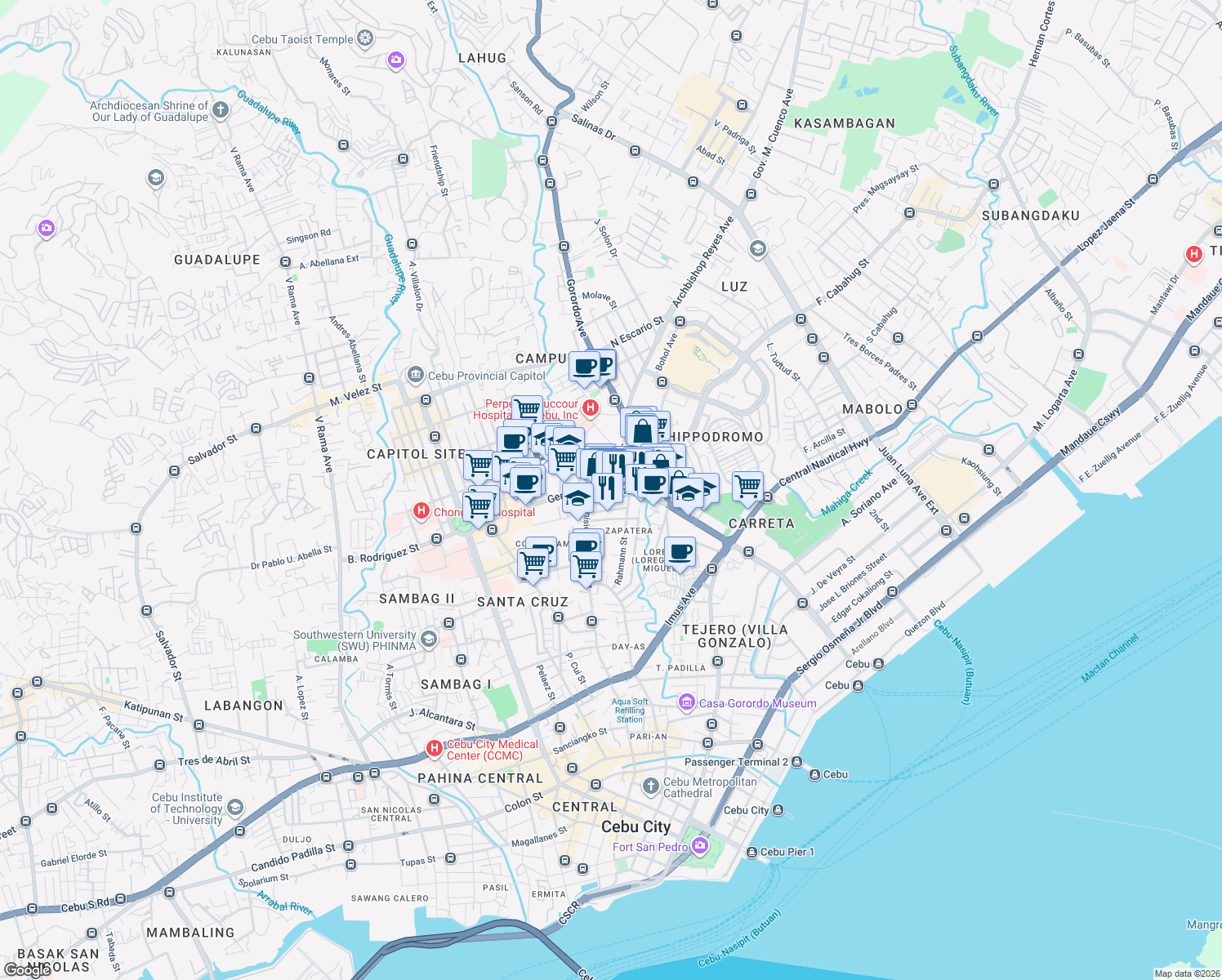 map of restaurants, bars, coffee shops, grocery stores, and more near General Arcadio Maxilom Avenue in Cebu City