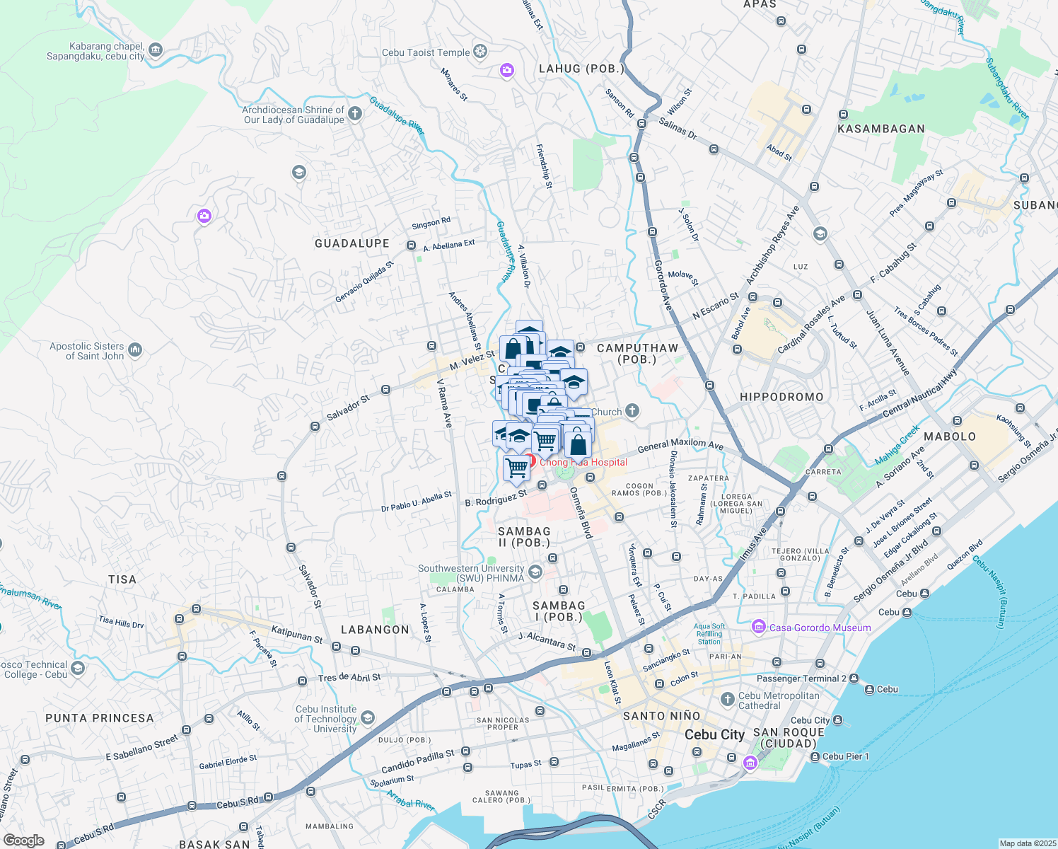 map of restaurants, bars, coffee shops, grocery stores, and more near Don Mariano Cui Street in Cebu City
