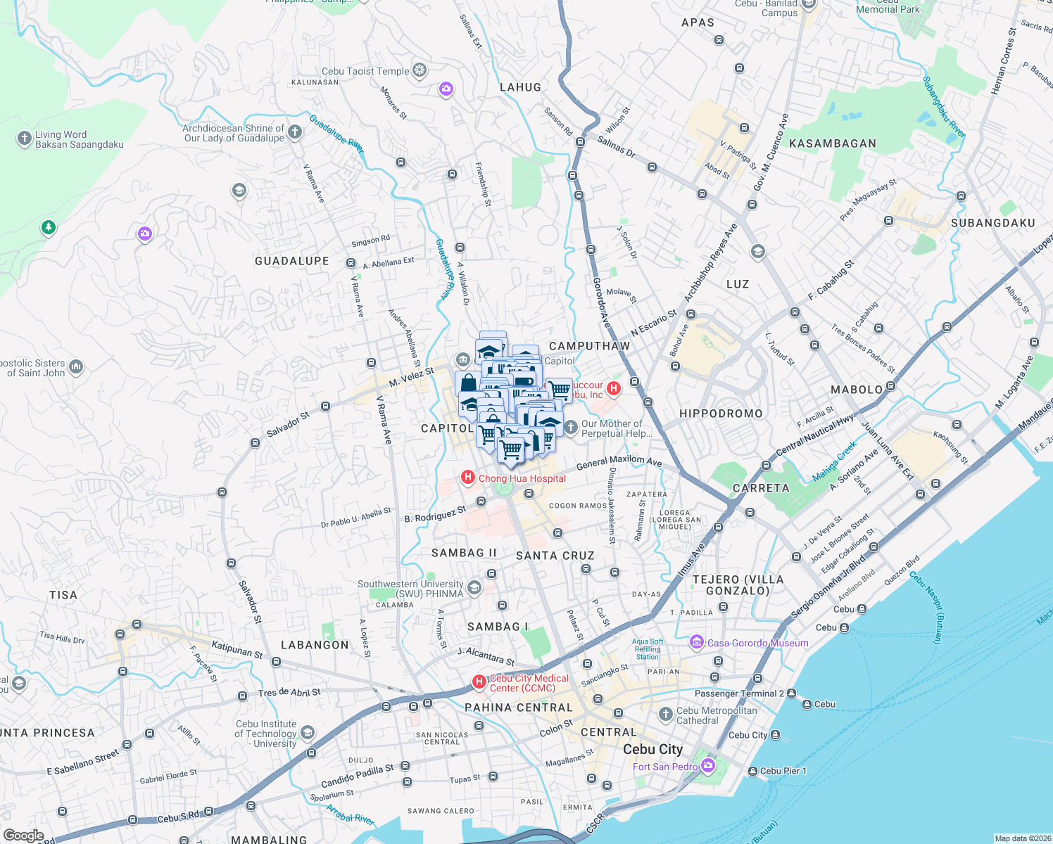 map of restaurants, bars, coffee shops, grocery stores, and more near Juana Osmeña Street in Cebu City