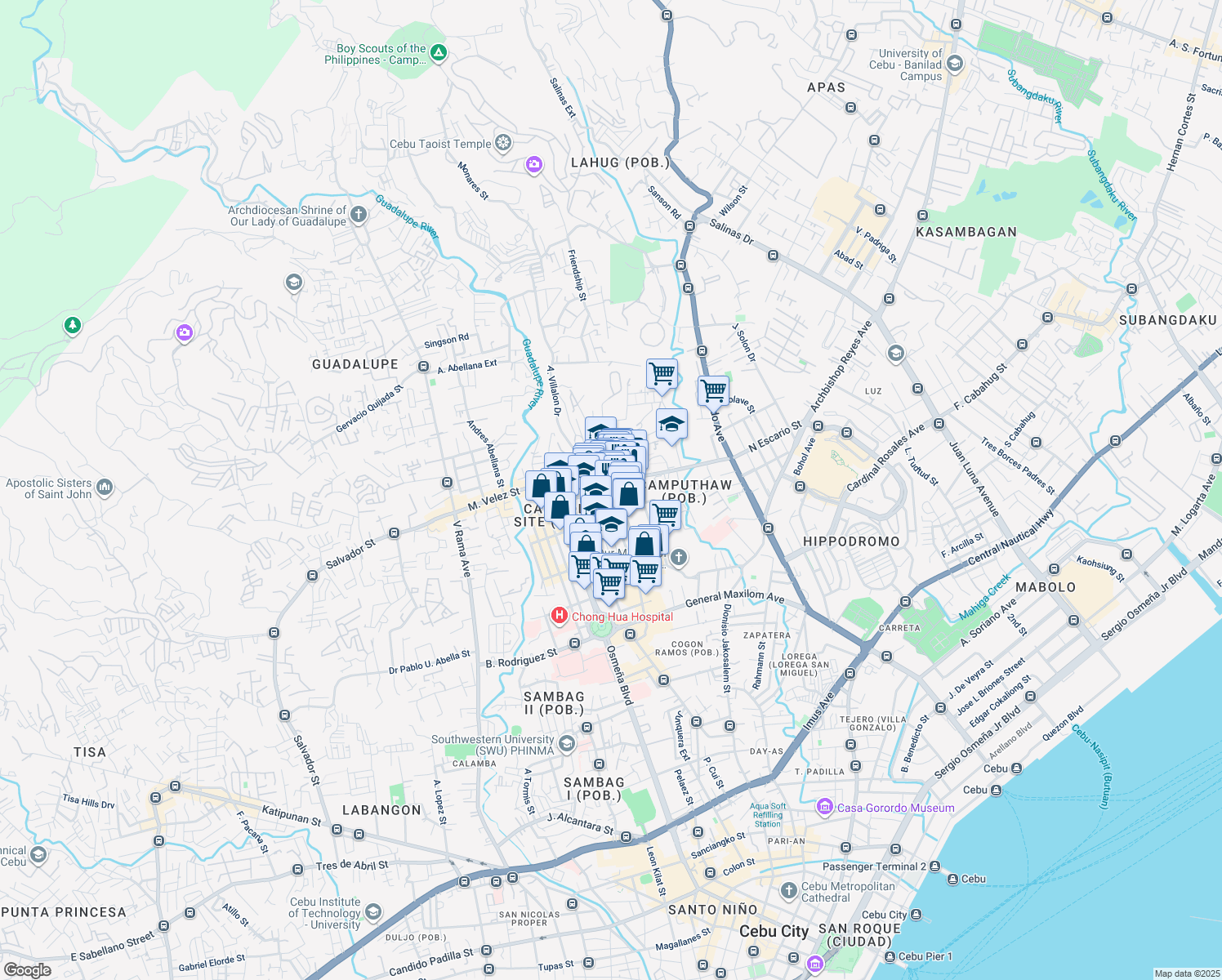 map of restaurants, bars, coffee shops, grocery stores, and more near North Escario Street in Cebu City
