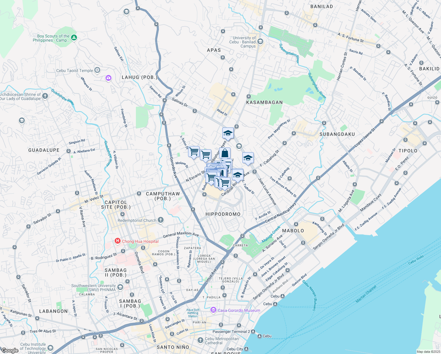 map of restaurants, bars, coffee shops, grocery stores, and more near 703 Mindanao Avenue in Cebu City