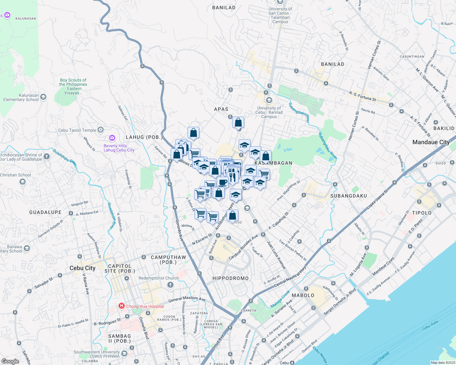 map of restaurants, bars, coffee shops, grocery stores, and more near 701 Jose Maria del Mar Street in Cebu City