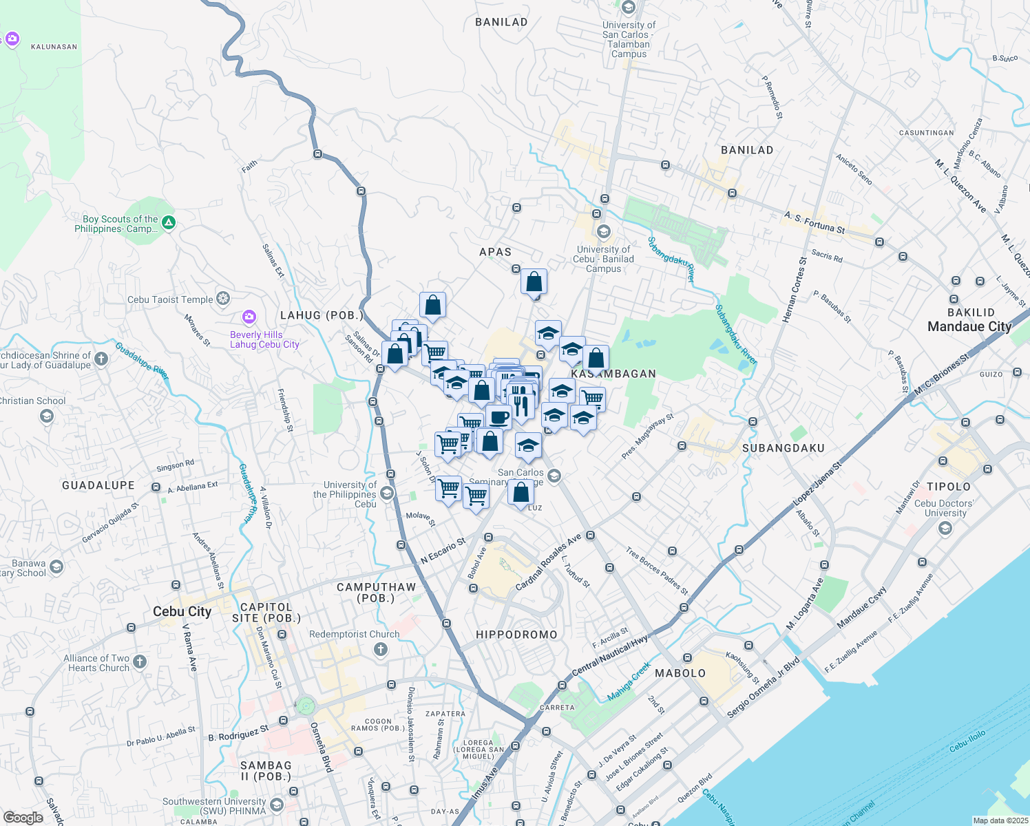map of restaurants, bars, coffee shops, grocery stores, and more near Jose Maria del Mar Street in Lungsod ng Cebu
