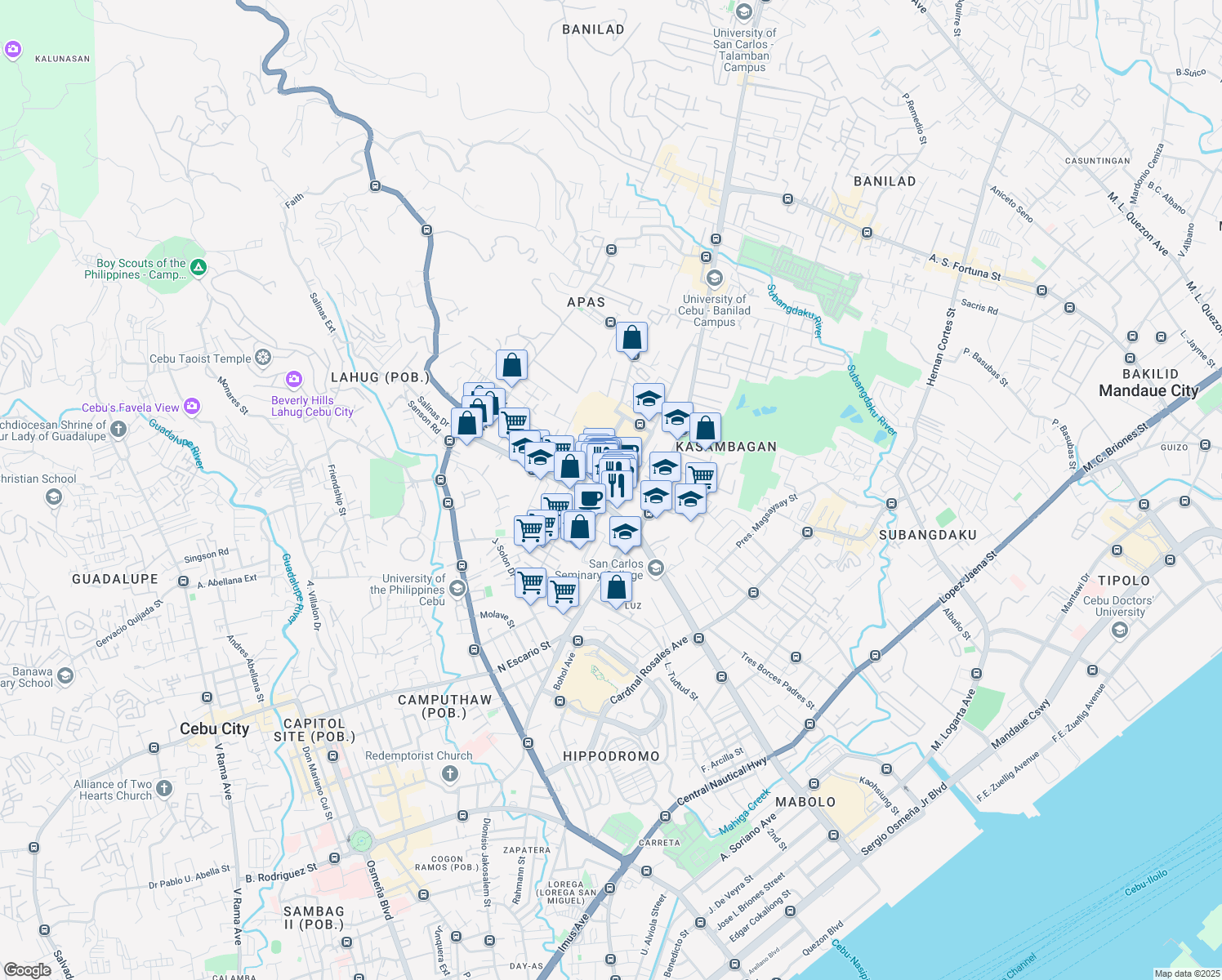 map of restaurants, bars, coffee shops, grocery stores, and more near Jose Maria del Mar Street in Lungsod ng Cebu
