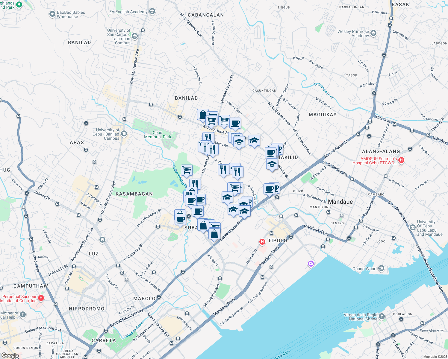 map of restaurants, bars, coffee shops, grocery stores, and more near Hernan Cortes Street Extension in Mandaue City