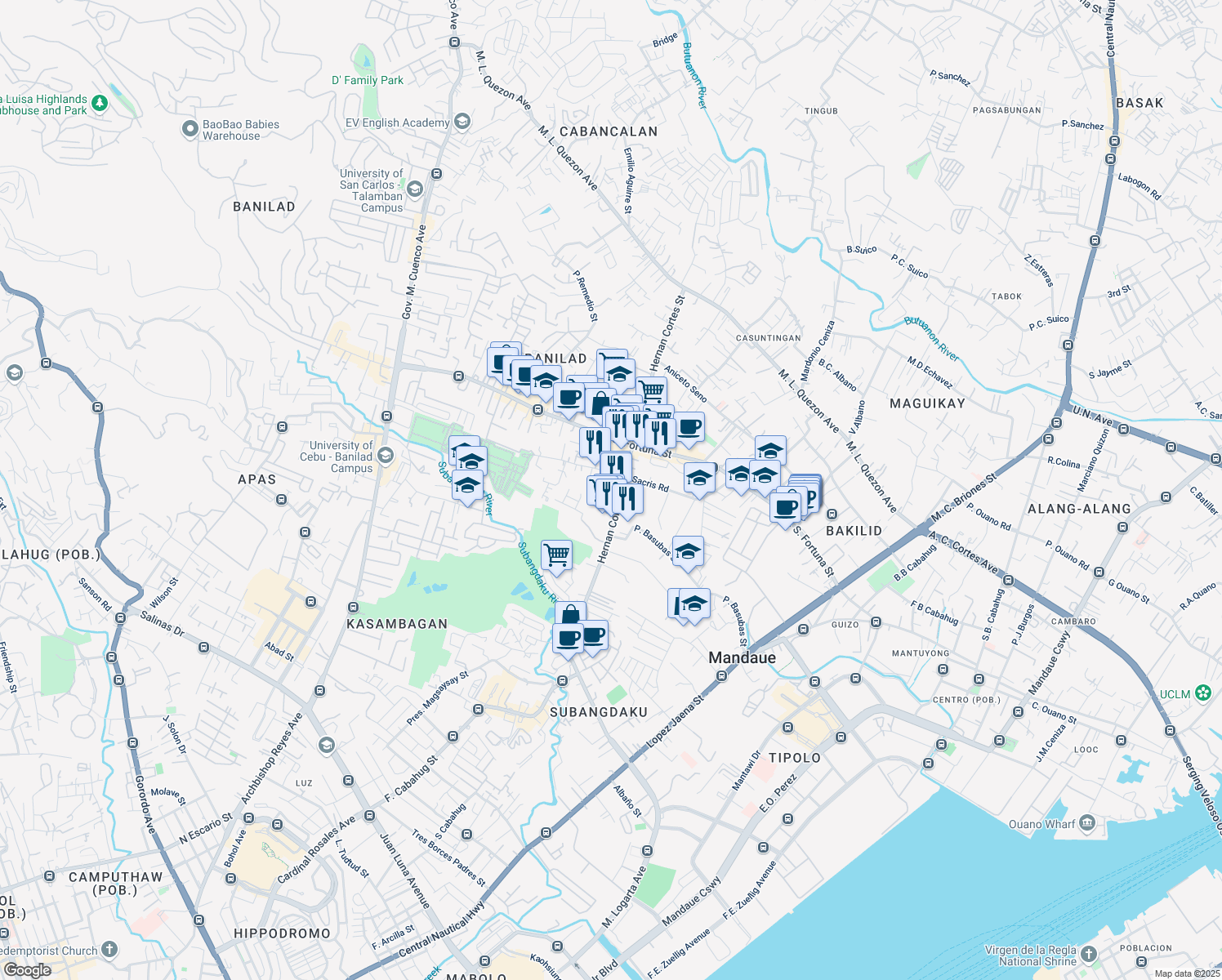 map of restaurants, bars, coffee shops, grocery stores, and more near 1285 Hernan Cortes Street in Mandaue City