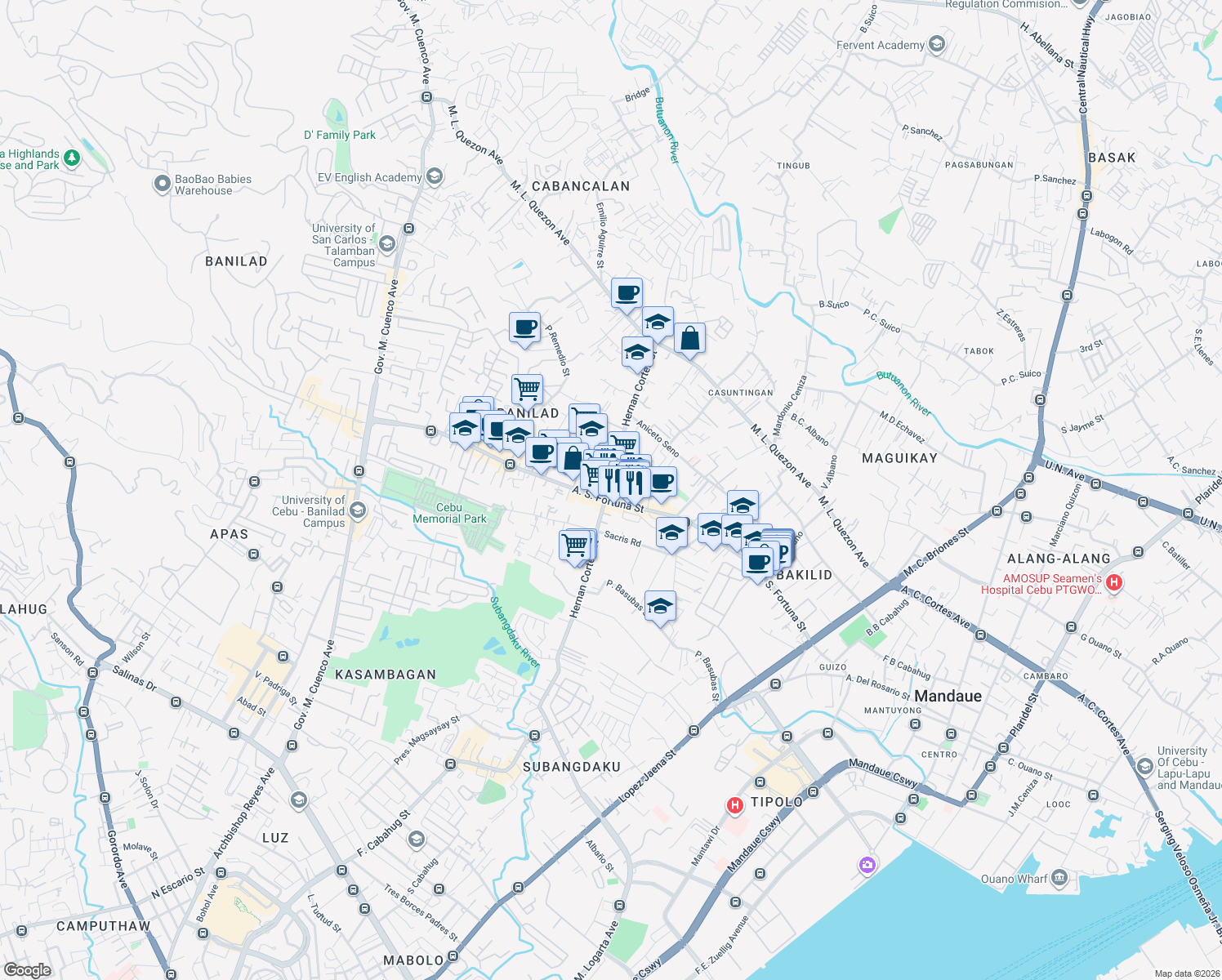 map of restaurants, bars, coffee shops, grocery stores, and more near 1620 Hernan Cortes Street in Mandaue City