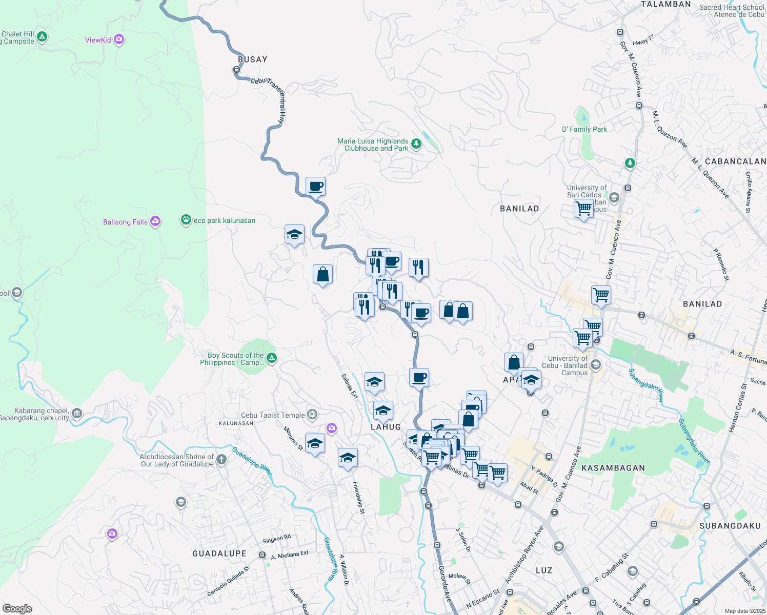 map of restaurants, bars, coffee shops, grocery stores, and more near Cebu Veterans Drive in Cebu City
