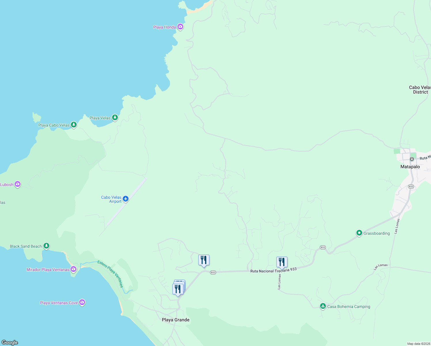 map of restaurants, bars, coffee shops, grocery stores, and more near in Matapalo
