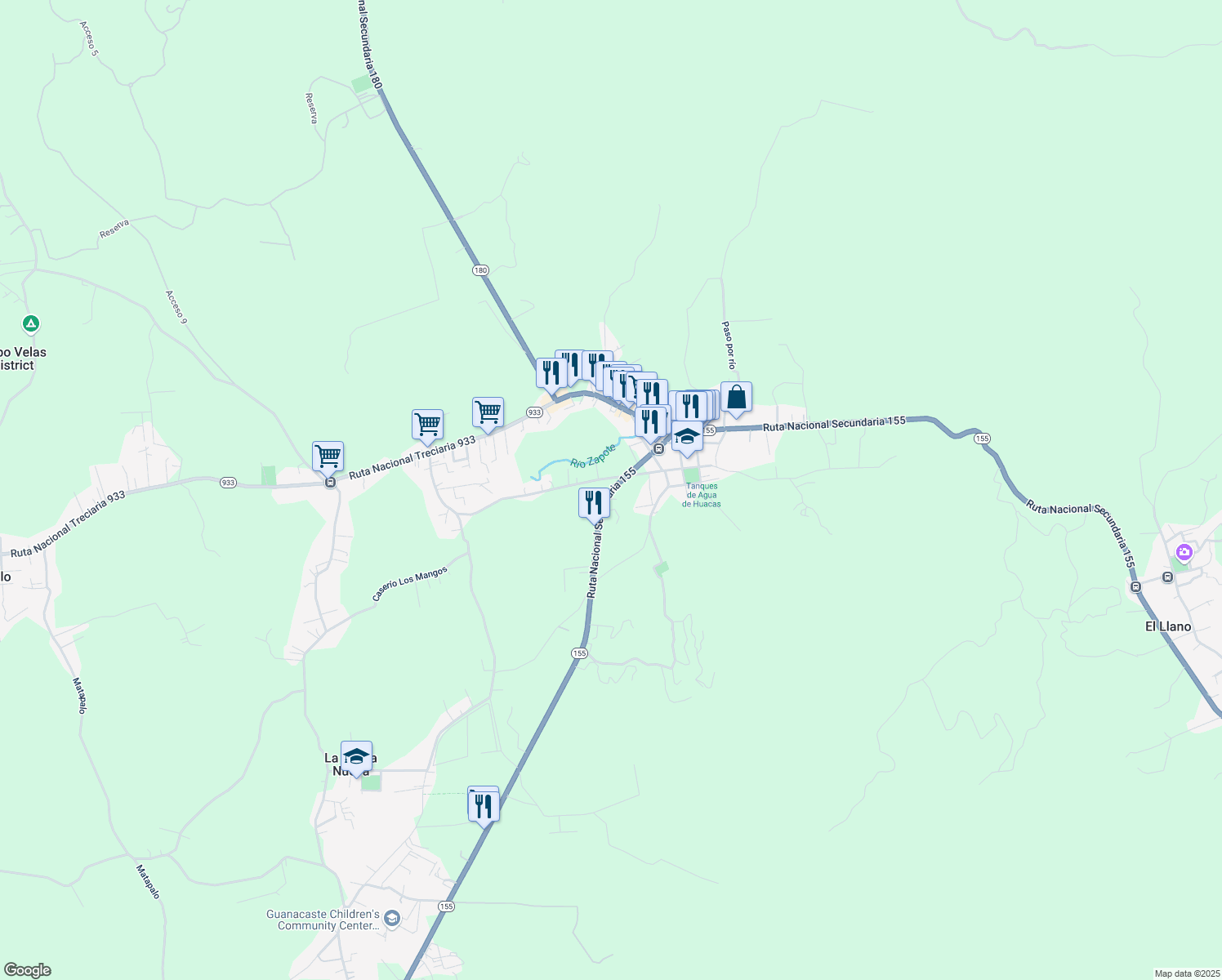 map of restaurants, bars, coffee shops, grocery stores, and more near 155 in Huacas