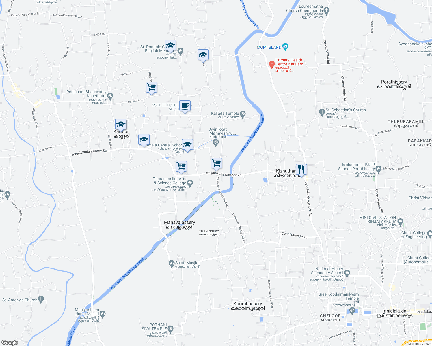 map of restaurants, bars, coffee shops, grocery stores, and more near Irinjalakuda Kattoor Rd in Kattoor