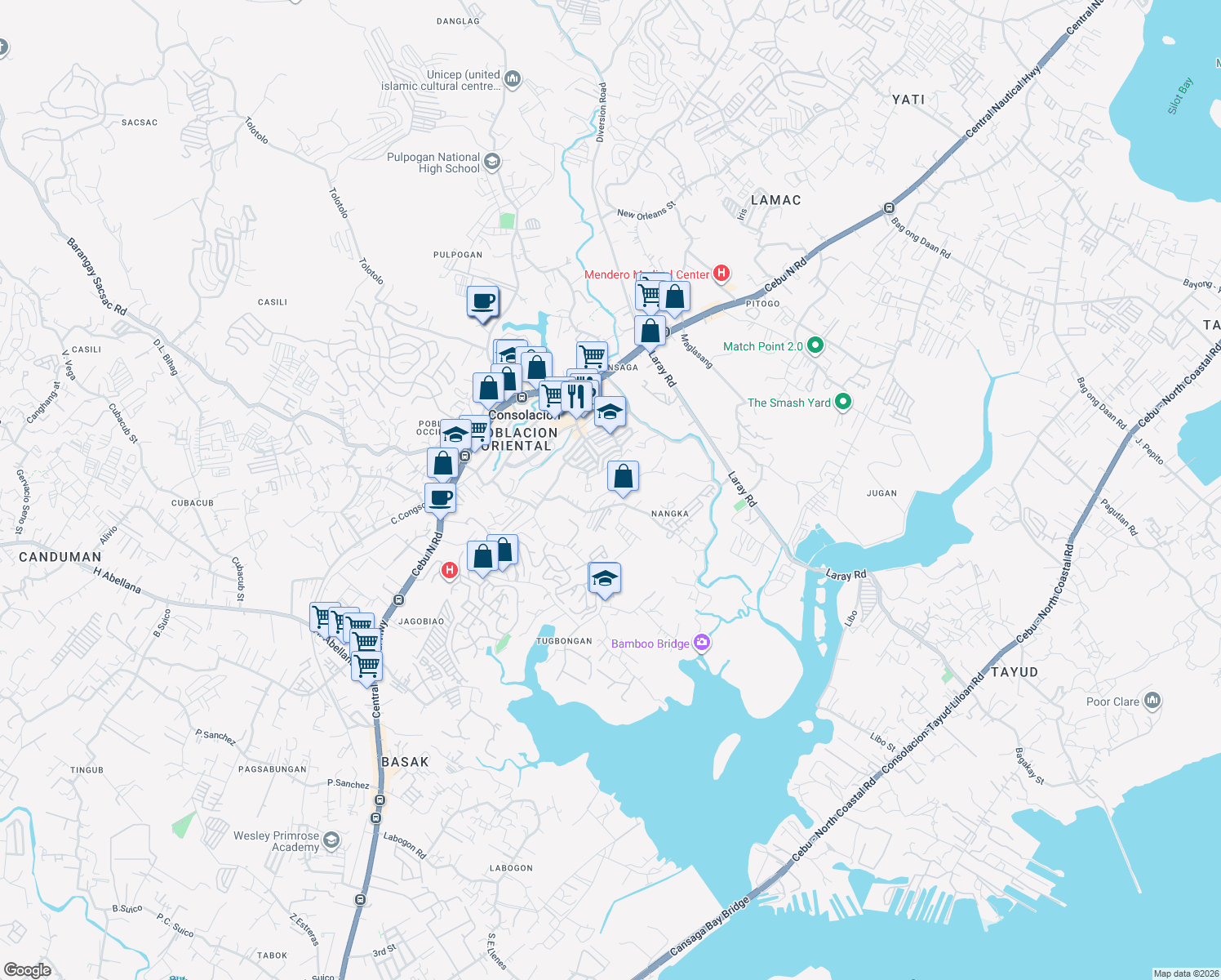 map of restaurants, bars, coffee shops, grocery stores, and more near Nangka Purok 4 Road in Consolacion