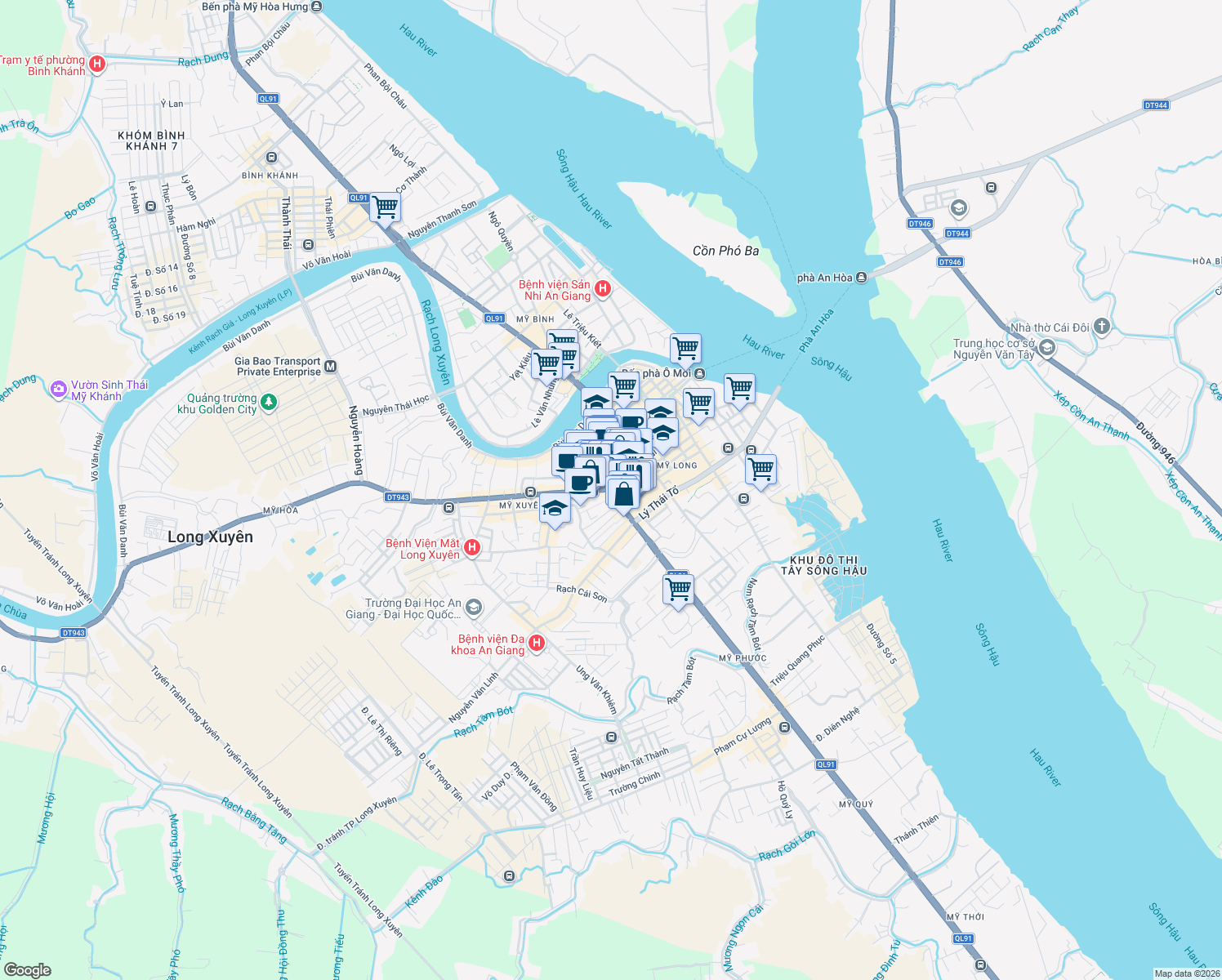 map of restaurants, bars, coffee shops, grocery stores, and more near Ngã tư Đèn Bốn Ngọn in Long Xuyen