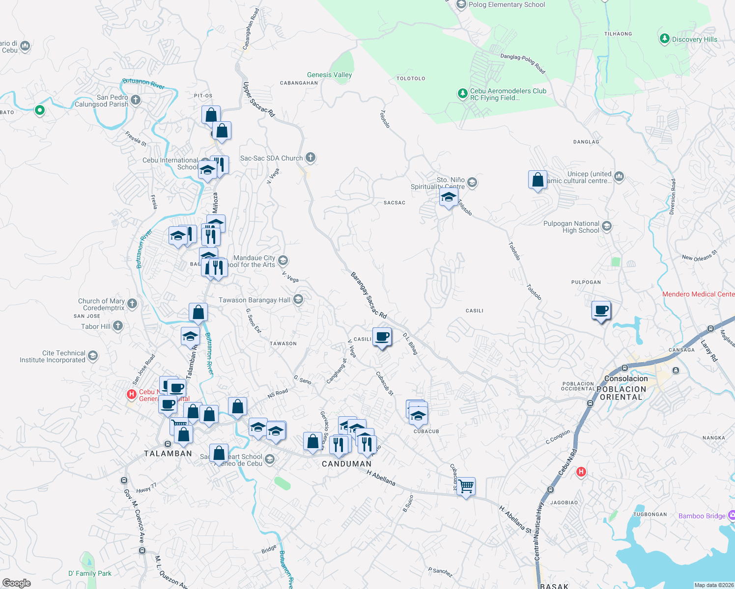 map of restaurants, bars, coffee shops, grocery stores, and more near Barangay Sacsac Road in Consolacion