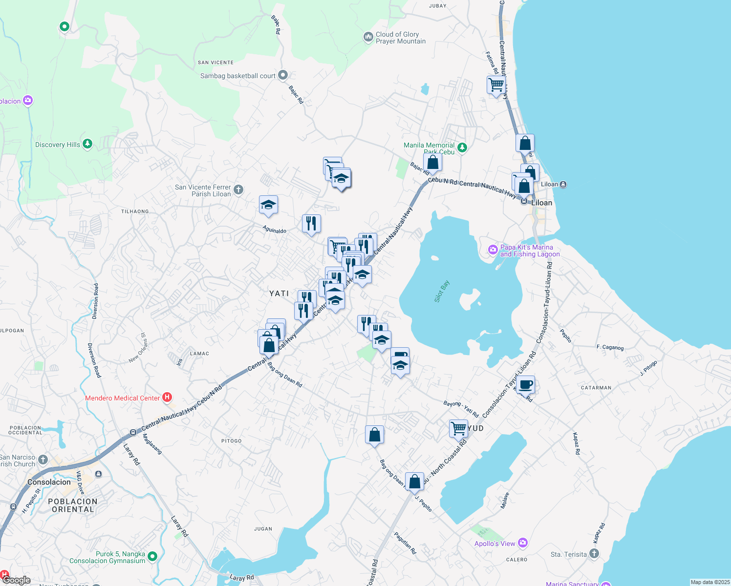 map of restaurants, bars, coffee shops, grocery stores, and more near Silot Drive Yati in Liloan