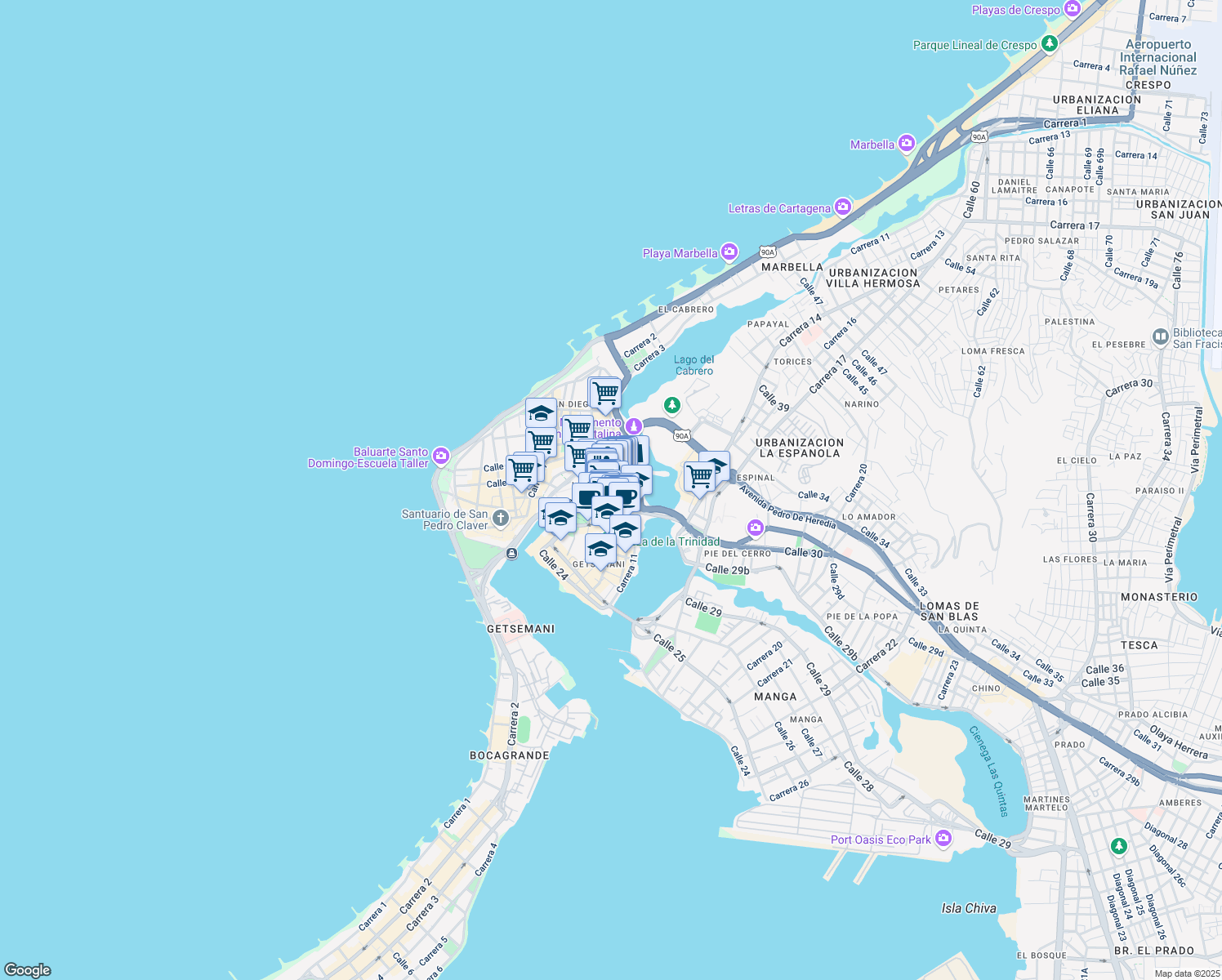 map of restaurants, bars, coffee shops, grocery stores, and more near 10-38 Calle 32 in Cartagena de Indias