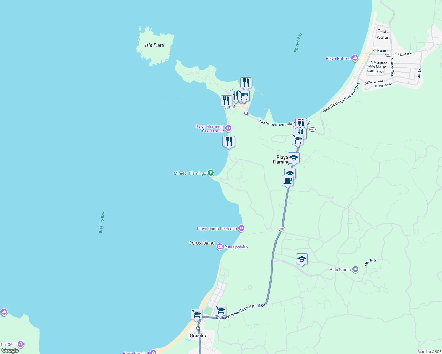 map of restaurants, bars, coffee shops, grocery stores, and more near 500 Flamingo Beach Road in Playa Flamingo