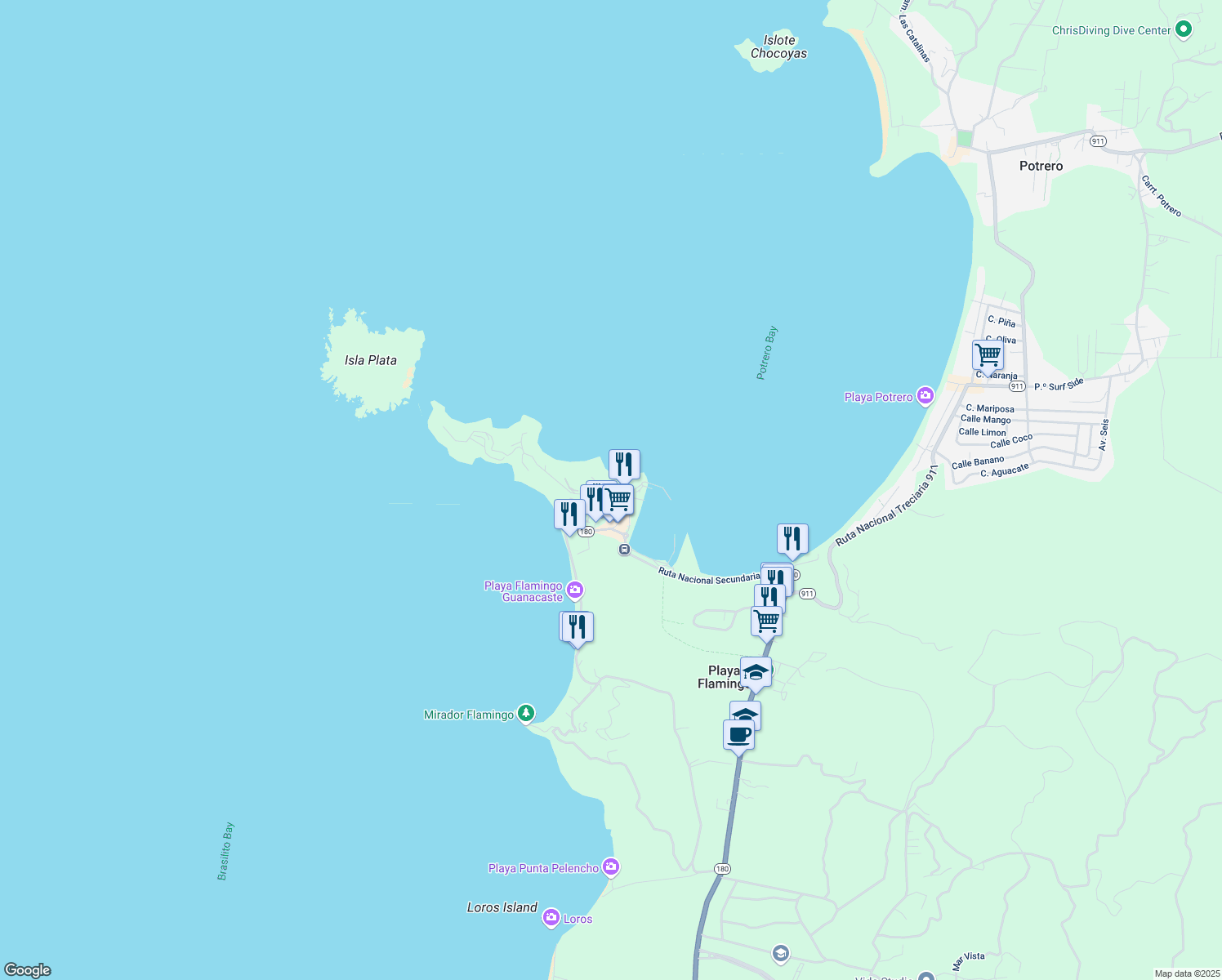 map of restaurants, bars, coffee shops, grocery stores, and more near Hotel Flamigo Marina in Playa Flamingo