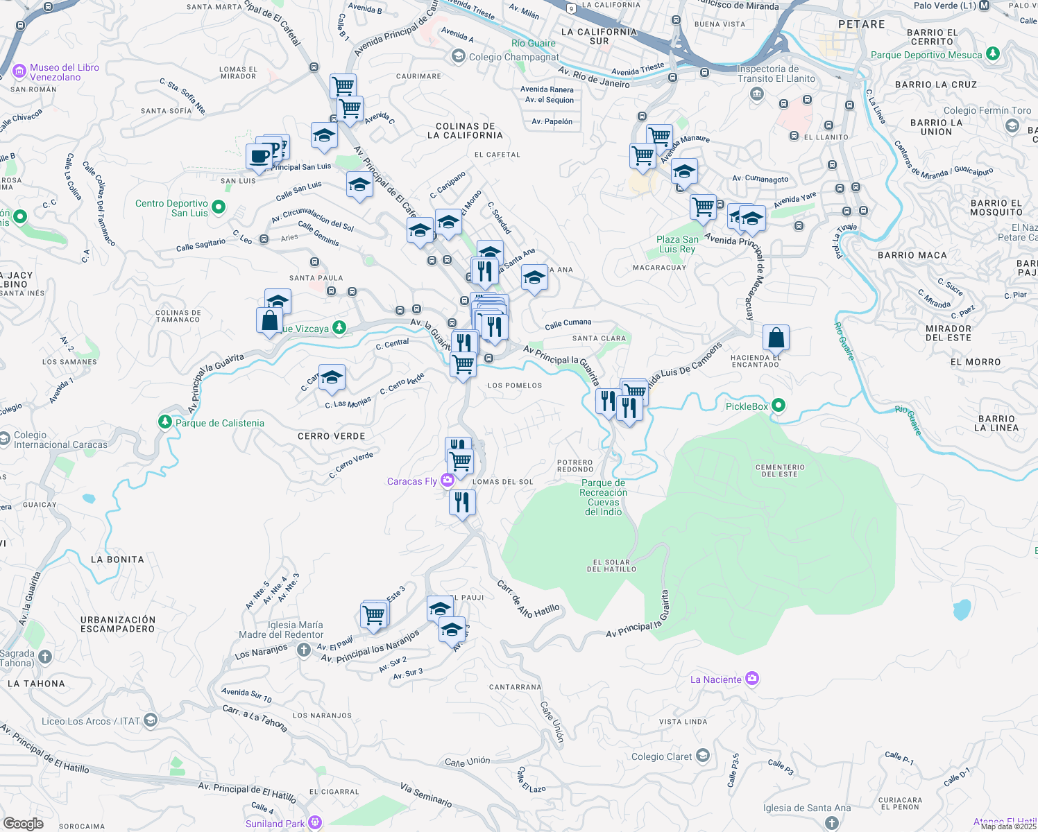 map of restaurants, bars, coffee shops, grocery stores, and more near Avenida Principal in Caracas