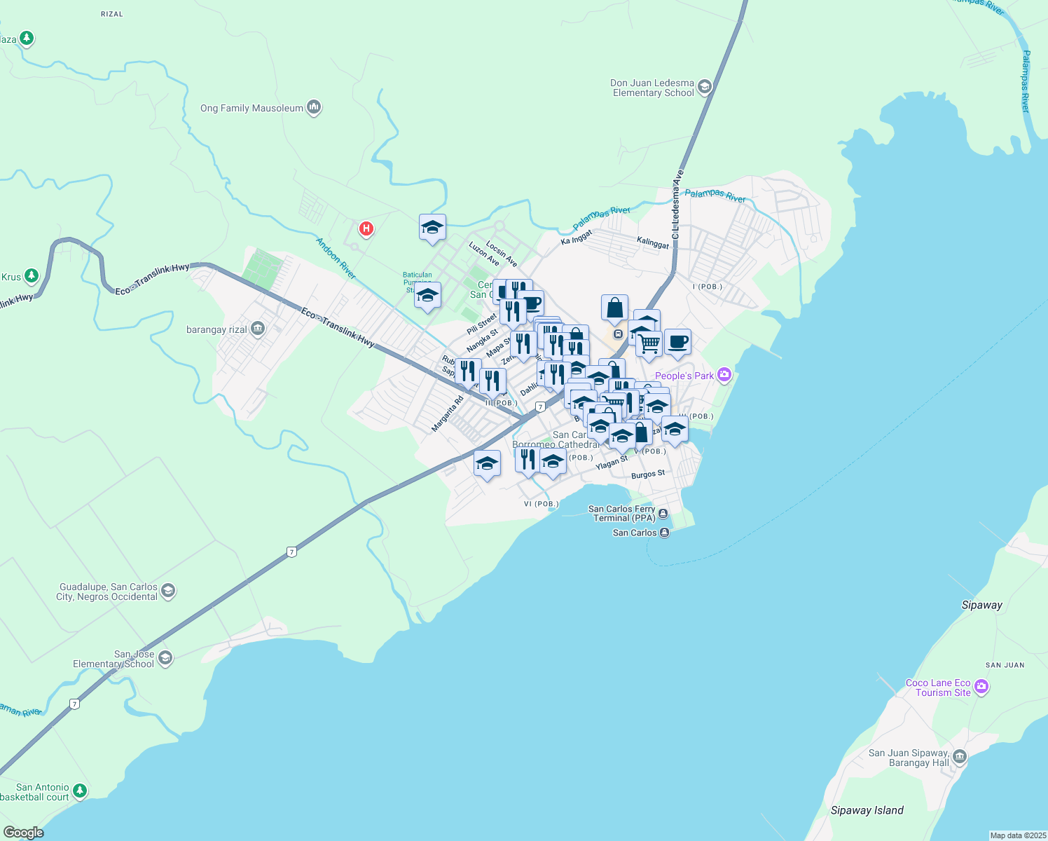 map of restaurants, bars, coffee shops, grocery stores, and more near in San Carlos City