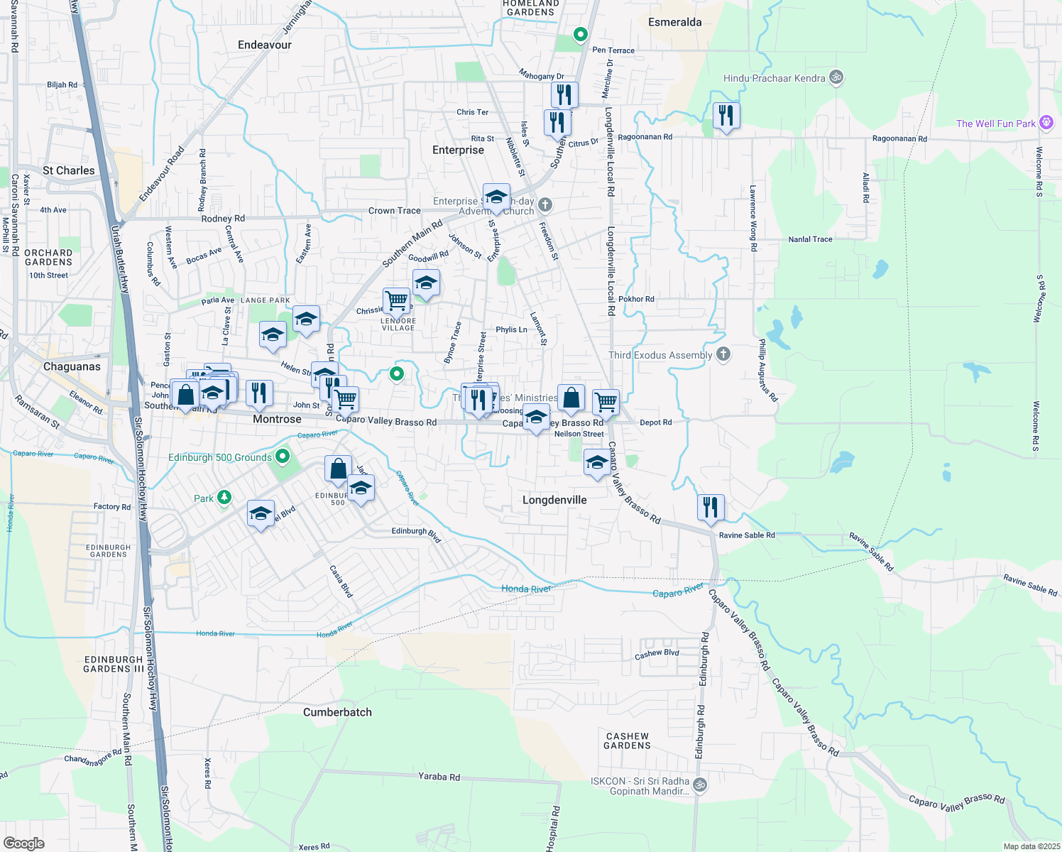 map of restaurants, bars, coffee shops, grocery stores, and more near Caparo Valley Brasso Road in Chaguanas