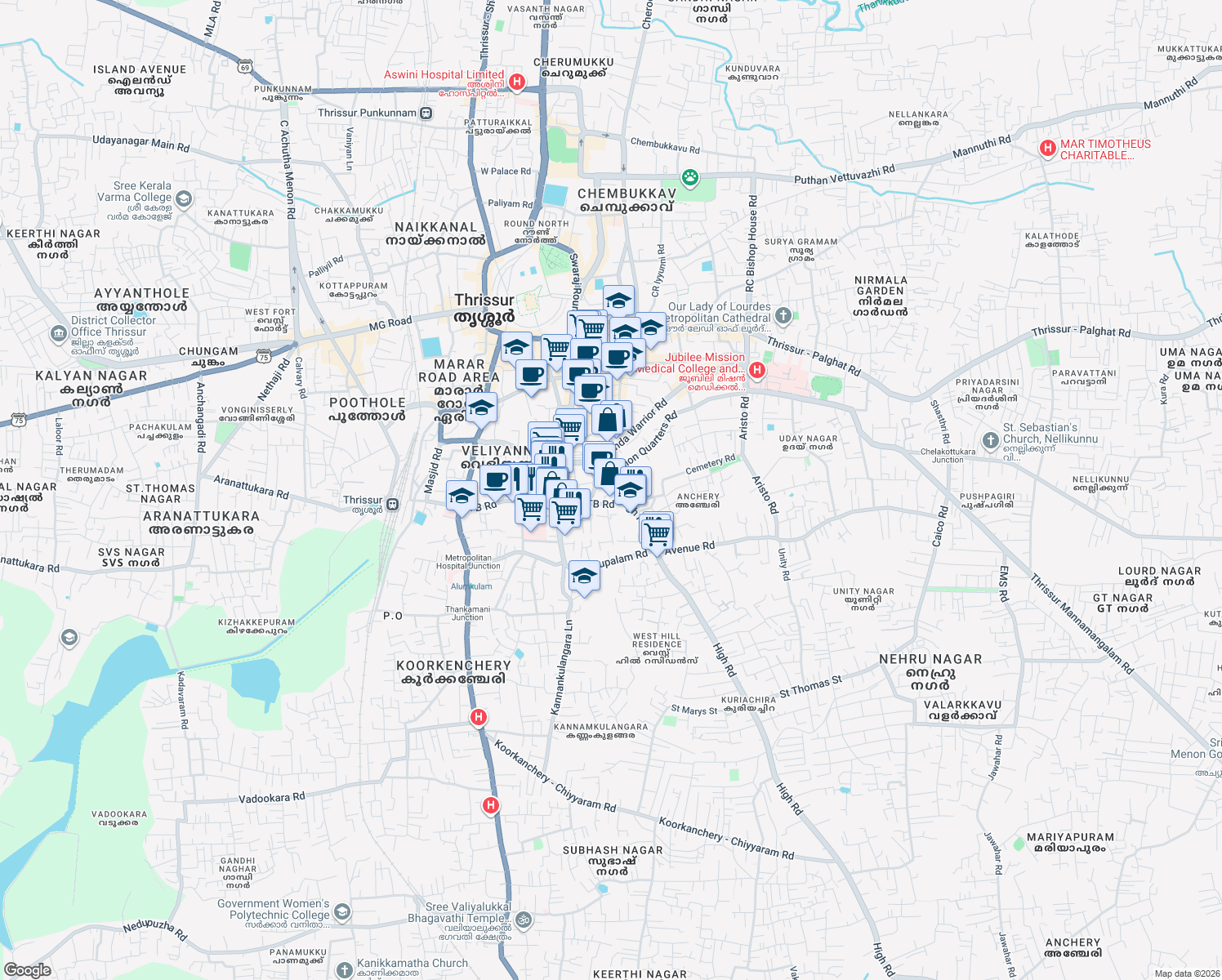 map of restaurants, bars, coffee shops, grocery stores, and more near Mission Quarters Road in Thrissur