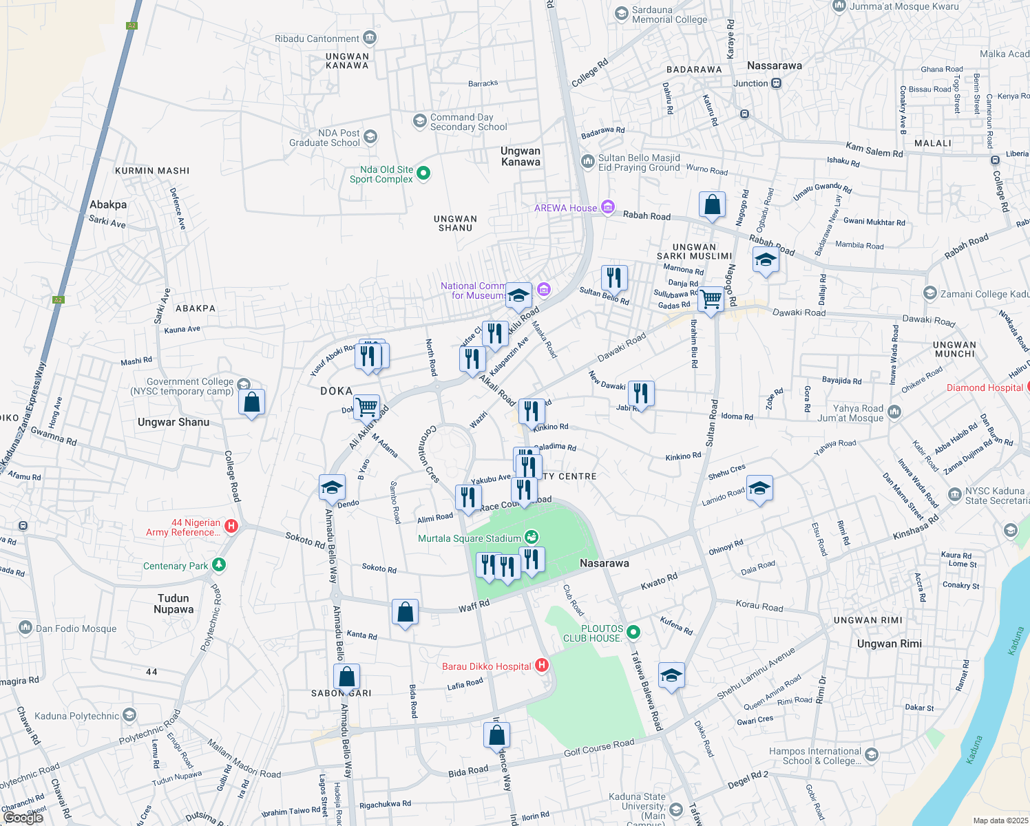 map of restaurants, bars, coffee shops, grocery stores, and more near Alkali Road in Kaduna