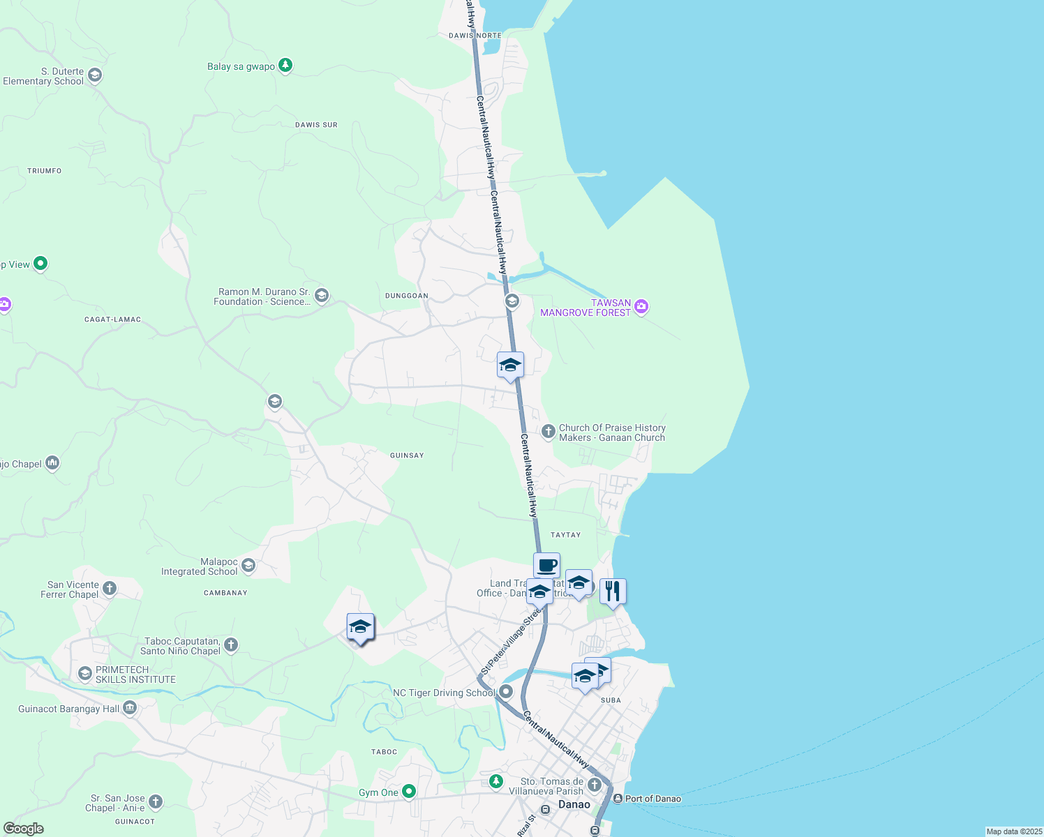 map of restaurants, bars, coffee shops, grocery stores, and more near Central Nautical Highway in Danao City