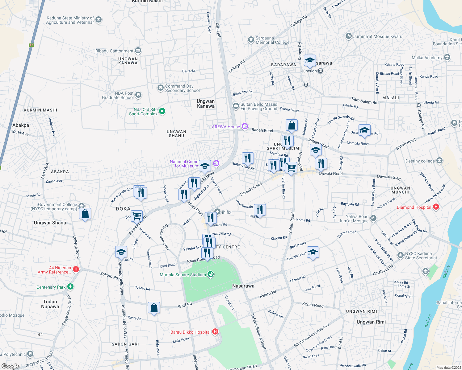 map of restaurants, bars, coffee shops, grocery stores, and more near Isa Kaita Road in Kaduna