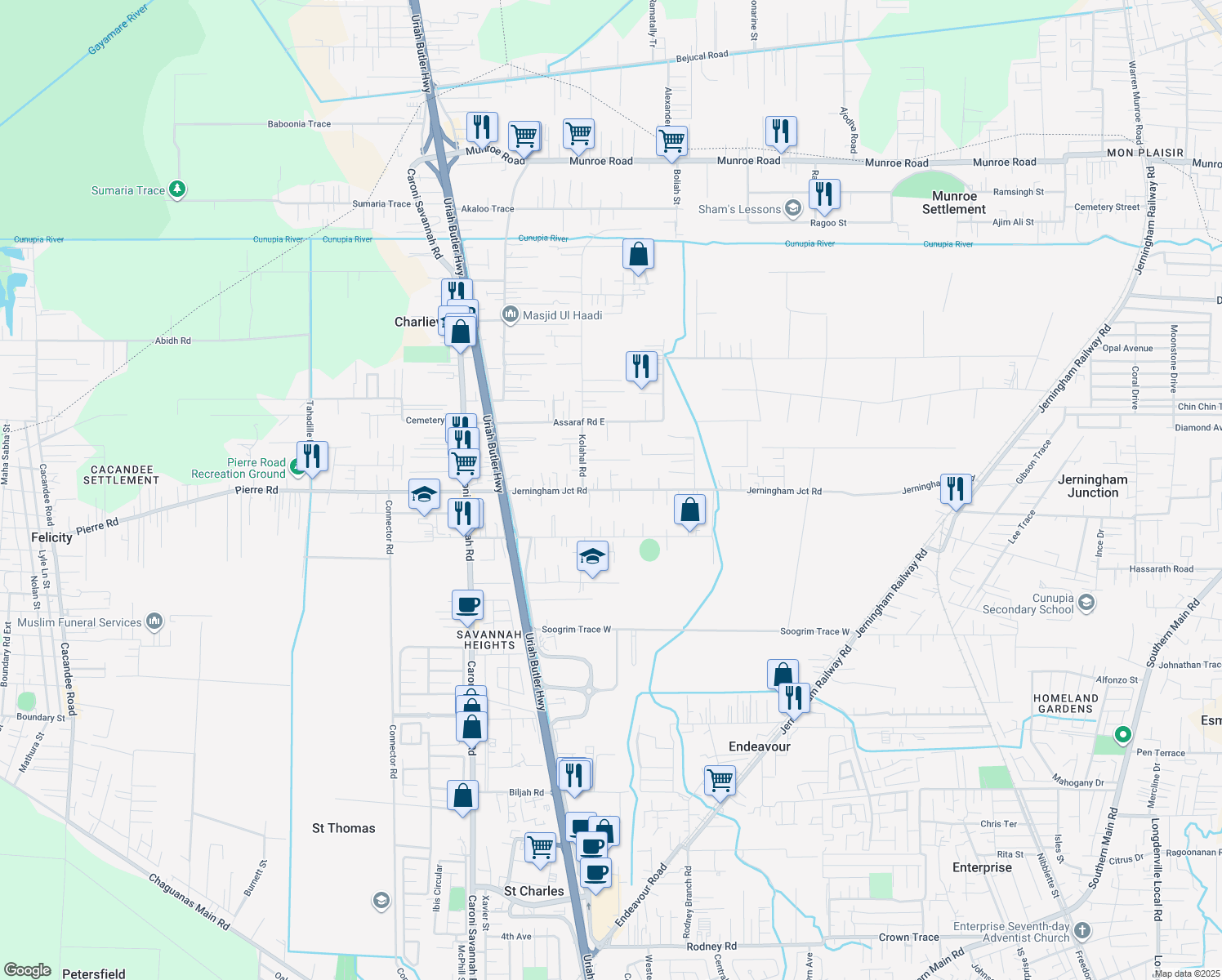 map of restaurants, bars, coffee shops, grocery stores, and more near Jerningham Junction Road in Charlieville