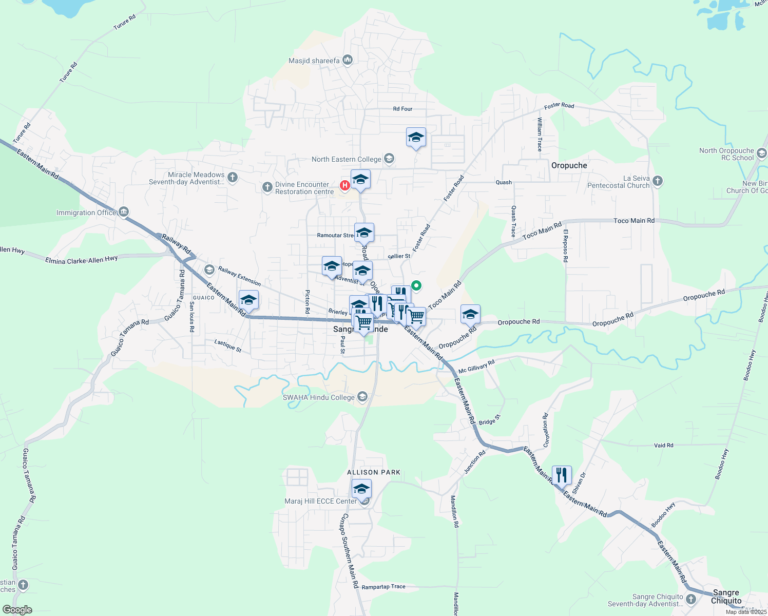 map of restaurants, bars, coffee shops, grocery stores, and more near River Street in Sangre Grande