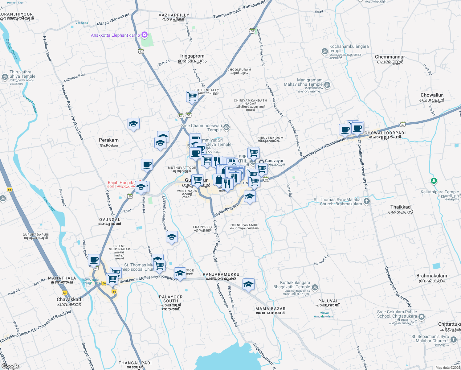 map of restaurants, bars, coffee shops, grocery stores, and more near Poonthanam auditorium entrance Road in Guruvayoor