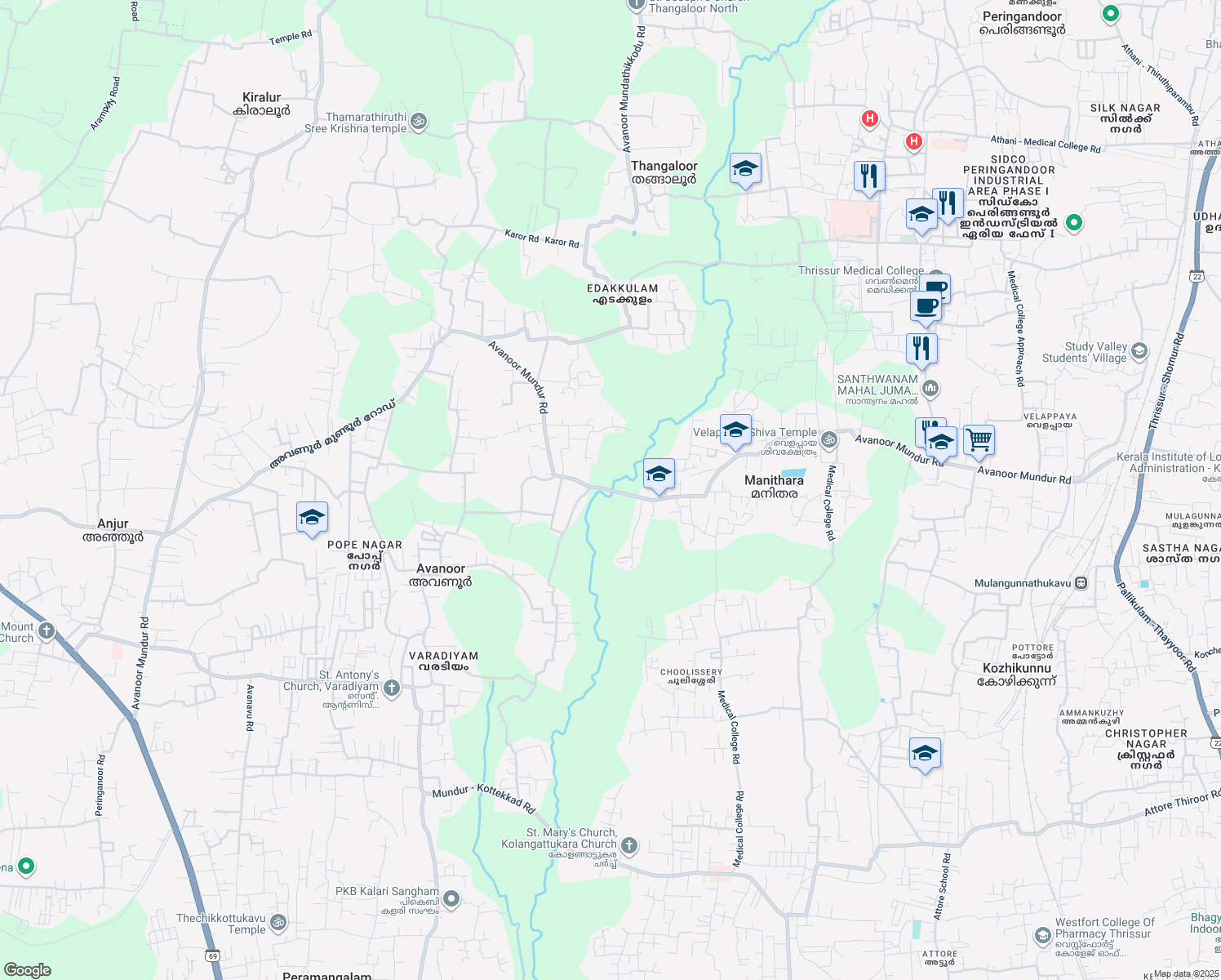map of restaurants, bars, coffee shops, grocery stores, and more near Avanoor Mundur Road in Thrissur